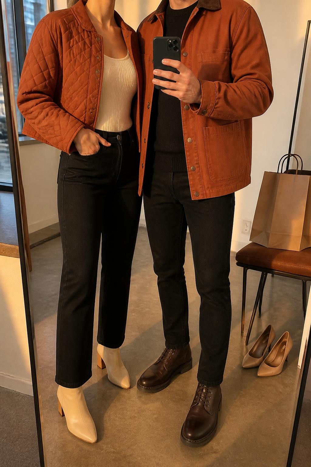 mirror selfie of a stylish couple wearing coordinated rust jackets and black jeans, the woman wearing an open rust cropped diamond-quilted jacket over a cream ribbed top, black straight-leg jeans, and cream ankle boots, the man wearing an open rust cotton barn jacket over a black crewneck knit, black jeans, and dark brown lace-up boots, clearly showing the exact clothing items, colors, fabrics, and footwear listed in the Outfit Pieces section, the man holding the phone while the woman stands next to him, both cropped at NECK so their faces do not show, relaxed outdoor-ready couple pose in a fashion studio mirror corner, evening golden hour light, with shopping bags beside a chair and a pair of heels on the floor nearby, realistic quilting, cotton, ribbed knit, denim, and leather textures, latest iPhone photo quality