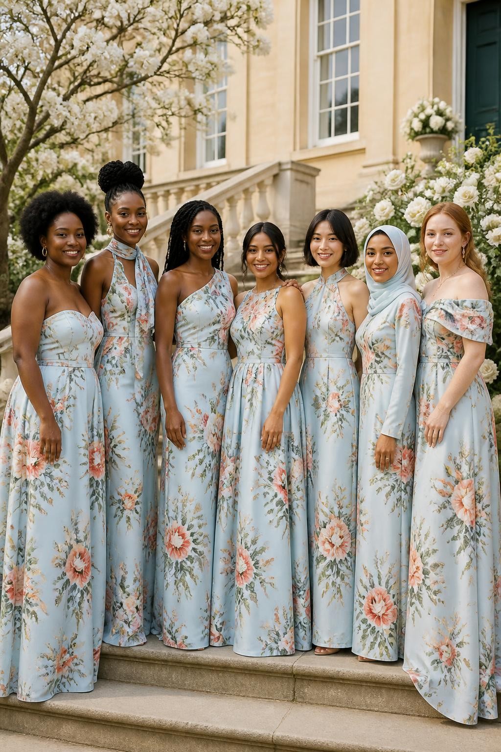 Realistic spring estate wedding photograph of seven bridesmaids wearing pale powder-blue dresses printed with painterly peach roses, coral ranunculus, soft apricot blossoms, sage leaves, and fine green vines, silhouettes including a corseted A-line gown, scarf-neck satin slip, one-shoulder column, ankle-length full skirt, halter dress, cape-sleeve gown, and softly draped off-shoulder style, women with very deep brown, rich brown, reddish brown, golden tan, South Asian olive, East Asian fair, and pale freckled skin tones, naturally varied ages, heights, and body shapes, bright beautiful faces with individual features and realistic skin texture, hairstyles including coils, locs, braids, polished bobs, sleek buns, waves, and a neatly styled hijab, standing on the steps of a cream manor surrounded by white roses and flowering trees, diffused daylight showing the blue-and-peach print accurately and preserving natural skin tones.