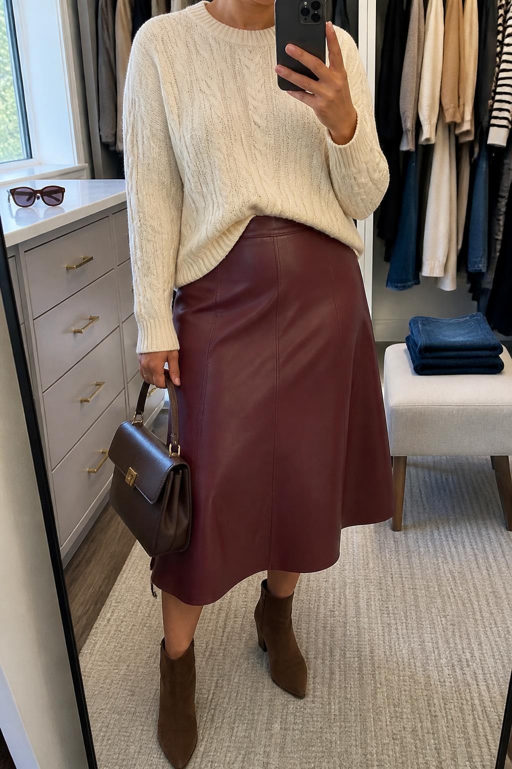 mirror selfie of a curvy woman wearing a cream cable-knit crewneck sweater with a small front tuck into a burgundy A-line faux-leather midi skirt, chocolate suede ankle boots, and a chocolate leather top-handle bag, clearly showing the exact clothing items, colors, fabrics, boots, and bag listed in the Outfit Pieces section, holding a phone in front of a mirror, cropped at NECK so the face does not show, relaxed polished selfie pose in a walk-in closet mirror, natural window light, with sunglasses placed on a dresser and folded denim jeans on a bench, realistic cable knit, faux-leather, suede, and leather textures, latest iPhone photo quality