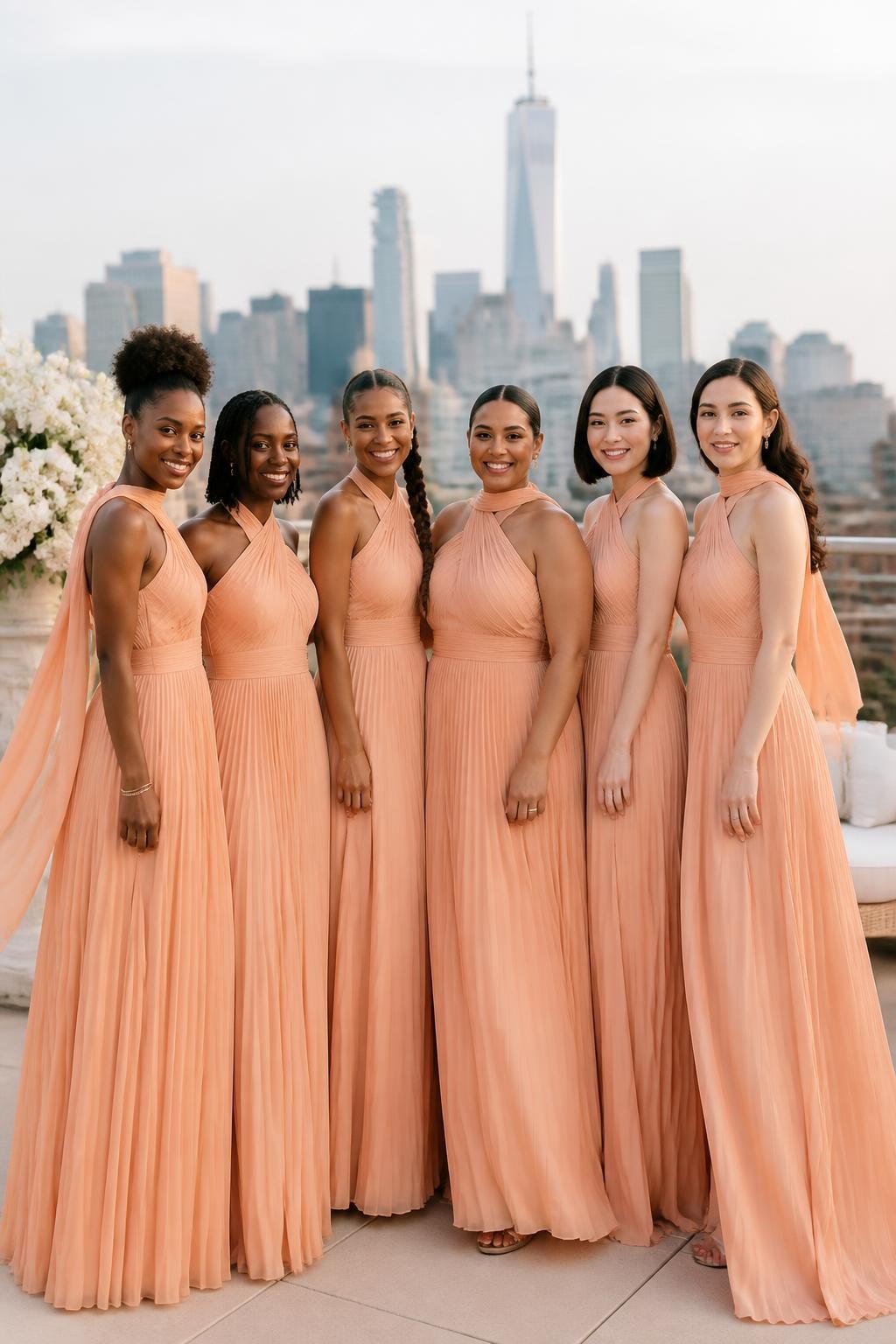 Realistic rooftop wedding photograph of six bridesmaids wearing fine peach plissé chiffon gowns with softly gathered asymmetrical and halter necklines, long narrow scarf tails flowing from one shoulder or the back of the neck, fitted waistbands, and airy floor-length skirts, women with deep neutral brown, warm copper, rich medium brown, golden olive, East Asian fair, and pale peach complexions, varied ages, heights, shoulder widths, and body types, bright expressive faces with realistic under-eye texture and individually suited makeup, hairstyles including a high curly puff, shoulder-length locs, braided ponytail, sleek low bun, glossy bob, and loose waves, standing on a rooftop terrace with pale stone, cream furniture, white flowers, and a softly blurred skyline, late-afternoon wind moving the scarf tails and pleated skirts naturally, believable transparency, warm peach color, and realistic shadows.