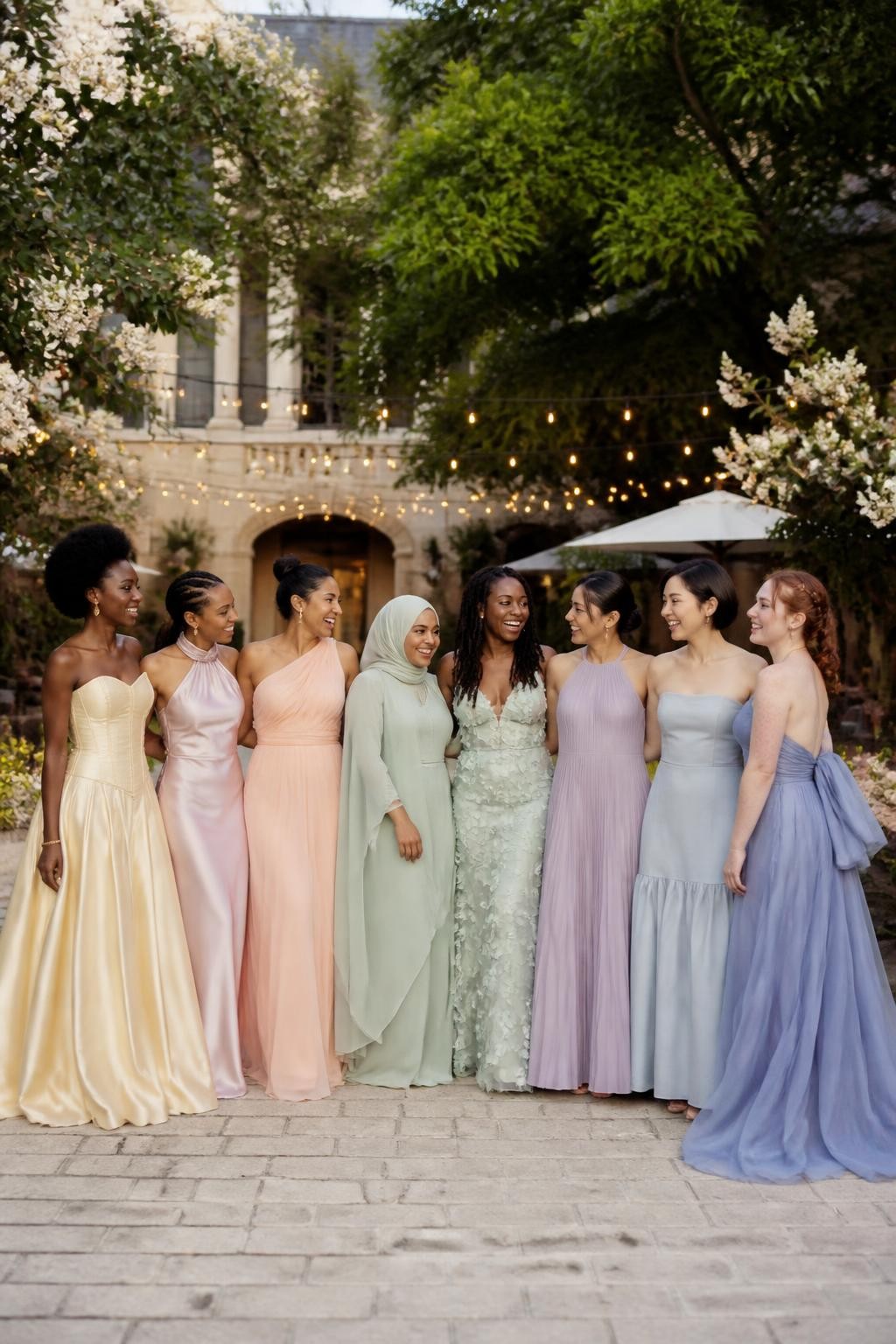Realistic large bridal party photograph of eight bridesmaids wearing intentionally mismatched floor-length dresses in butter yellow, blush pink, pale peach, mint green, pistachio, lilac, powder blue, and periwinkle, fabrics including satin, chiffon, organza, matte crepe, tulle, velvet, and subtle botanical jacquard, silhouettes including basque-waist ball gown, scarf-neck slip dress, one-shoulder draped gown, cape-sleeve dress, floral appliqué gown, pleated halter, dropped-waist skirt, and bow-back design, women with very deep, deep brown, reddish brown, golden, olive, tan, East Asian fair, and pale freckled skin tones, broad representation of ages, heights, and body shapes, bright beautiful faces and genuine laughter, hairstyles including natural coils, braids, locs, waves, sleek buns, short hair, and a softly styled hijab, standing in a lush estate courtyard with cream stone, flowering trees, white flowers, and warm string lights, each fabric reacting differently to the evening light, realistic spacing and candid movement, detailed human DSLR wedding photography.