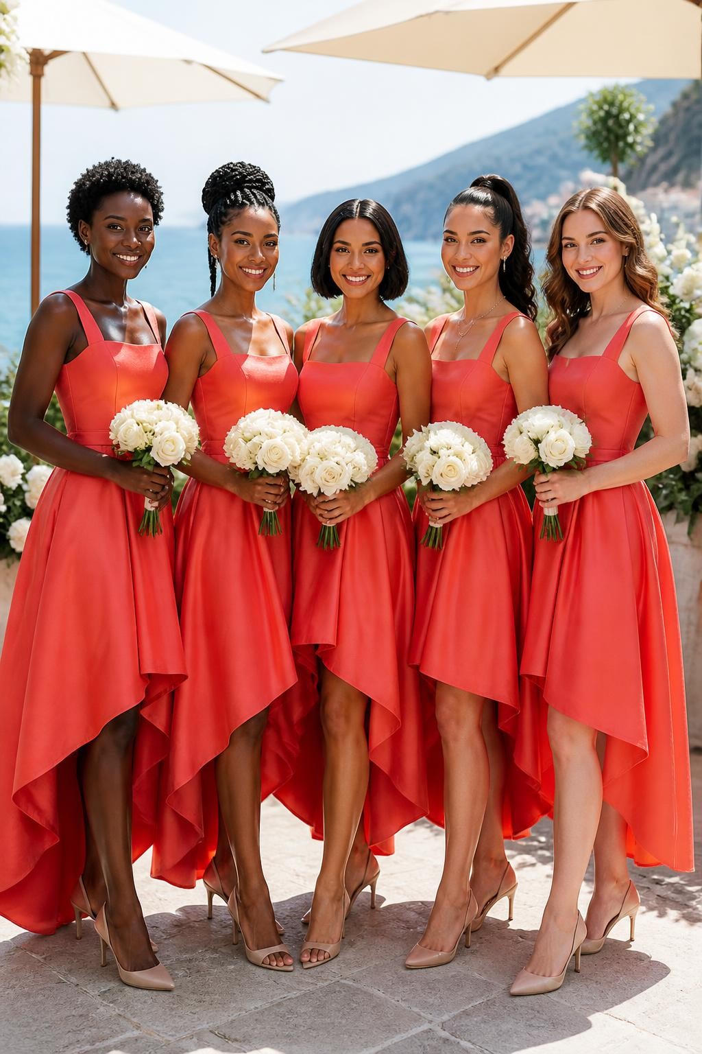 Realistic summer wedding photograph of five bridesmaids wearing coral-red high-low dresses with fitted square-neck bodices and sculpted skirts falling below the knee in front and close to the ankle at the back, women with very deep brown, dark warm brown, golden tan, light olive, and fair peach skin tones, bright smiling faces with distinct features, realistic makeup and natural skin detail, hairstyles including short coils, braided updo, sleek bob, high ponytail, and soft curls, standing on a coastal terrace with cream umbrellas, pale stone flooring, white flowers, and bright blue water in the distance, natural sea breeze lifting the hems, elegant slingback heels visible, believable shadows and crisp DSLR photography.