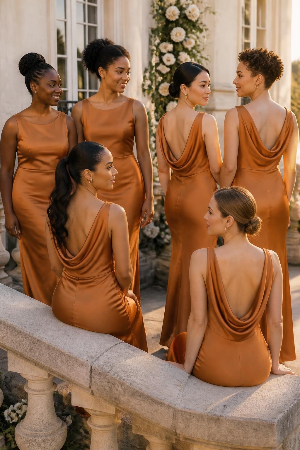 Realistic contemporary wedding photograph of six bridesmaids wearing warm mandarin satin gowns with clean bateau necklines, fitted elongated bodices, fluid column skirts, and deep draped cowl backs falling between the shoulder blades, women with very deep brown, rich mahogany, warm caramel, olive, East Asian light beige, and fair rosy complexions, naturally varied heights, ages, and body types, bright poised faces with realistic skin texture, hairstyles lifted into braided buns, natural puffs, sleek ponytails, short curls, and smooth chignons to reveal the back details, photographed from balanced front, side, and rear angles on the terrace of a cream-stone estate with white flowers and warm sunset light, authentic satin texture, natural folds, and relaxed posture.