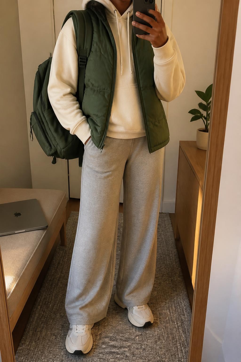 mirror selfie of a Black woman wearing an open forest green quilted puffer vest over a cream brushed-cotton hoodie, heather gray wide-leg knit trousers, white and beige supportive sneakers, and a forest green nylon backpack, clearly showing the exact clothing items, colors, fabrics, sneakers, and backpack listed in the Outfit Pieces section, holding a phone in front of a mirror, cropped at NECK so the face does not show, relaxed campus-ready selfie pose in a minimal dressing room, evening golden hour light, with a laptop resting on a bench and a small plant on a dresser, realistic quilting, fleece, knit, nylon, and sneaker textures, latest iPhone photo quality