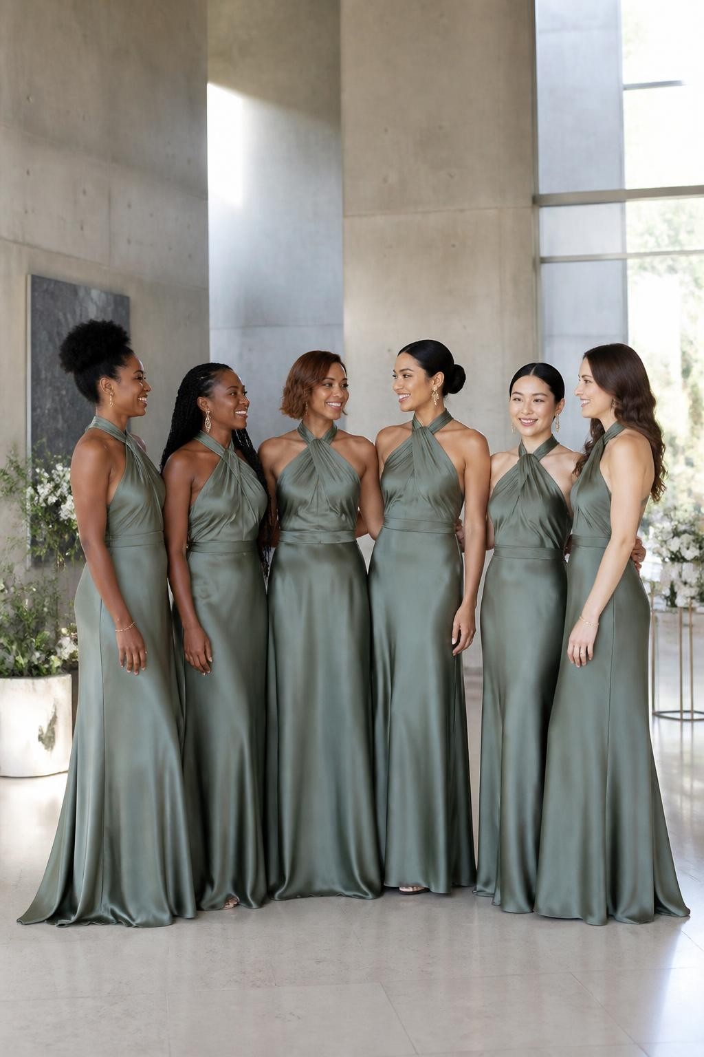 Realistic contemporary wedding photograph of six bridesmaids wearing eucalyptus green satin gowns with sculpted twisted-halter necklines, soft folds wrapping naturally around the neck, open upper backs, defined waists, and fluid floor-length skirts, women with deep blue-black, dark warm brown, copper, golden olive, East Asian fair, and pale rosy complexions, different shoulder widths, torso lengths, ages, and body shapes represented realistically, bright confident faces with distinct features and subtle makeup, hairstyles including a high curly puff, long twists, polished side-part bob, sculptural bun, sleek ponytail, and brushed waves, standing inside a modern art museum with pale concrete walls, limestone floors, tall windows, and minimal ivory floral installations, directional daylight revealing cool grey-green undertones, realistic satin creasing, accurate body proportions and relaxed group spacing.