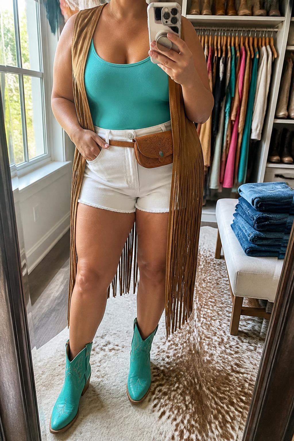 Mirror selfie of a plus size woman wearing a long tan suede fringe vest over a fitted turquoise scoop-neck bodysuit, high-waisted white denim shorts with a relaxed mid-thigh cut, turquoise Western ankle boots, and a small tan leather belt bag, clearly showing the exact clothing items, colors, suede texture, fringe, white denim, footwear, and accessories listed, holding a phone in front of a mirror, cropped at the neck so the face does not appear, confident relaxed selfie stance, in a walk-in closet mirror with natural window light, folded denim jeans on a bench and an open closet with clothes visible, realistic colorful Western festival styling, latest iPhone photo quality.
