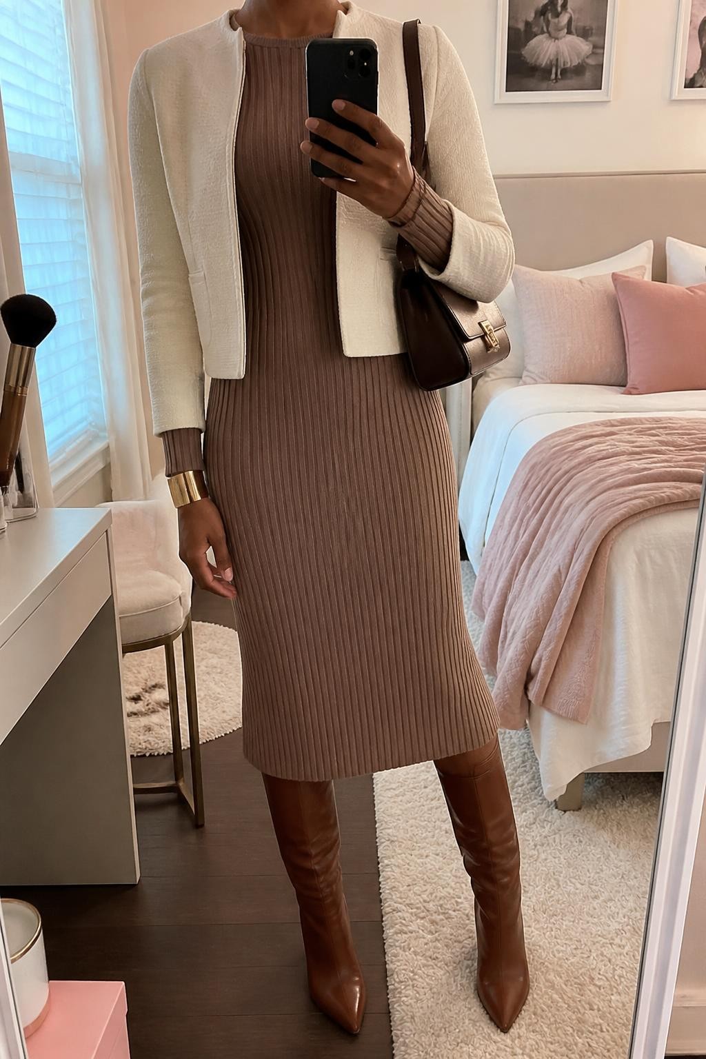 mirror selfie of a Black woman wearing a mocha ribbed long-sleeve midi dress with a small space between the hem and cognac leather-look knee-high boots, an open cream cropped collarless jacket, a dark brown structured shoulder bag, and a wide gold cuff bracelet, clearly showing the exact clothing items, colors, fabrics, boots, bag, and bracelet listed in the Outfit Pieces section, holding a phone in front of a mirror, cropped at NECK so the face does not show, relaxed polished selfie pose in a feminine-themed bedroom, natural window light, with a makeup brush on a counter and soft pillows on an unmade bed, realistic ribbed knit, woven jacket fabric, leather-look, and metal textures, latest iPhone photo quality