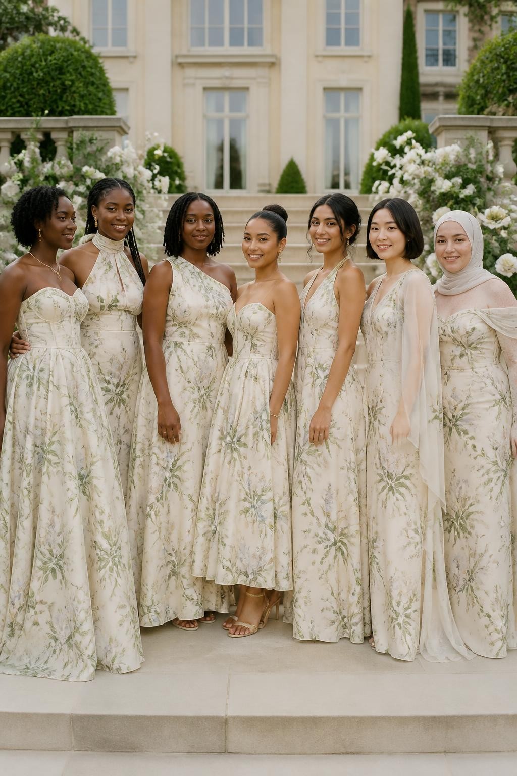 Realistic spring estate wedding photograph of seven bridesmaids wearing warm cream dresses printed with painterly sage leaves, eucalyptus branches, ivory blossoms, pale blue wildflowers, and muted olive vines, silhouettes including a corseted A-line gown, scarf-neck satin slip, one-shoulder column, ankle-length full skirt, halter dress, cape-sleeve gown, and softly draped off-shoulder style, women with very deep brown, rich brown, reddish brown, golden tan, South Asian olive, East Asian fair, and pale freckled skin tones, naturally varied ages, heights, and body shapes, bright beautiful faces with individual features and realistic skin texture, hairstyles including coils, locs, braids, polished bobs, sleek buns, waves, and a neatly styled hijab, standing on the steps of a cream manor surrounded by white roses and clipped greenery, diffused daylight showing the botanical print accurately and preserving natural skin tones.