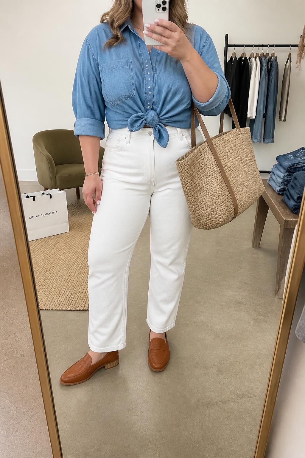 Mirror selfie of a plus size woman wearing high-rise white straight-leg jeans, a soft blue chambray button-down shirt tied gently at the waist, a woven tan tote bag, and cognac leather loafers, clearly showing the exact outfit pieces, fabrics, colors, and accessories listed, holding a phone in front of a mirror, cropped at the neck so the face is hidden, natural casual selfie pose, in a fashion studio mirror corner with soft indoor lighting, a tote-sized shopping bag beside a chair and folded denim jeans on a bench, bright realistic iPhone appearance, latest iPhone photo quality.