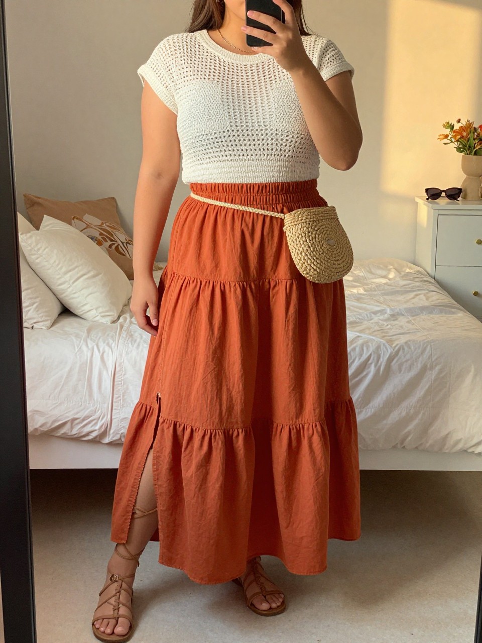 Mirror selfie of a plus size woman wearing a rust orange high-waisted tiered cotton maxi skirt with a thigh-high side slit, a fitted white crochet top with short sleeves and an opaque lining, tan flat gladiator sandals, and a natural woven belt bag, clearly showing the exact clothing items, rust cotton, white crochet, side slit, footwear, and accessories listed, holding a phone in front of a mirror, cropped at the neck so her face does not appear, relaxed boho selfie stance, in a feminine-themed bedroom with evening golden-hour lighting, soft pillows on an unmade bed and sunglasses placed on a dresser, realistic festival styling, latest iPhone photo quality.