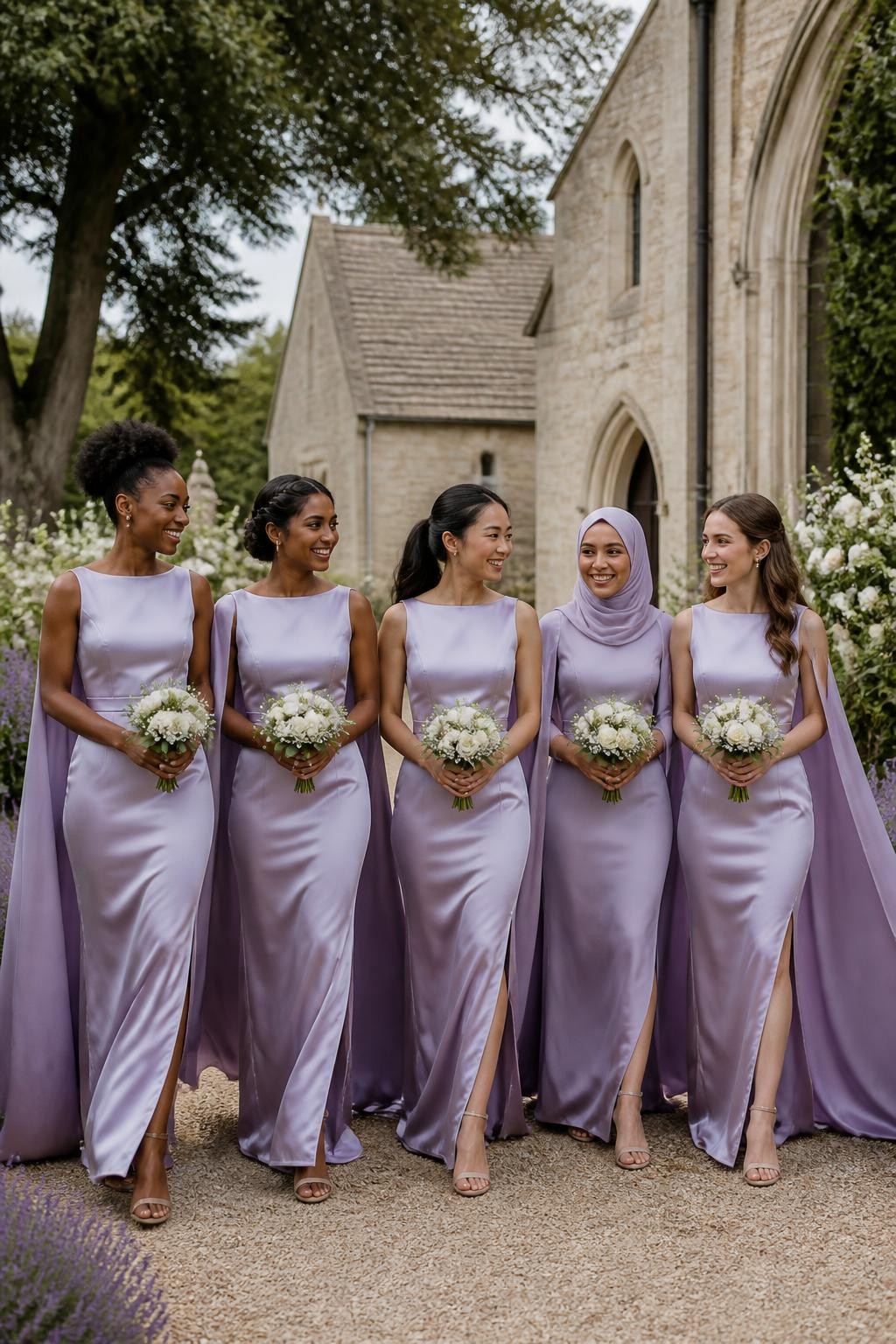 Realistic outdoor wedding photograph of five bridesmaids wearing lavender satin gowns with clean boat necklines, sleeveless fitted bodices, gently defined waists, and long split cape panels falling from the shoulders down the back, women of West African, South Asian, East Asian, Middle Eastern, and European appearance with deep, golden brown, olive, tan, and fair complexions, bright expressive faces with realistic skin texture and subtle makeup, hairstyles including natural coils, a braided crown, softly wrapped hijab, polished ponytail, and loose waves, walking beside a pale stone countryside chapel surrounded by mature trees, white flowers, and lavender borders, light breeze lifting the cape panels naturally, controlled satin highlights, soft shadows, and believable body proportions.