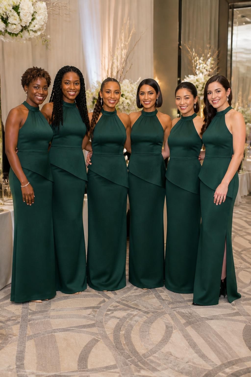 Realistic formal wedding portrait of six bridesmaids wearing emerald green matte crepe column gowns with high gathered halter necklines, softly sculpted asymmetrical peplum panels at the waist, and slim floor-length skirts with discreet back slits, women with deep ebony, cool dark brown, cinnamon, golden olive, East Asian beige, and porcelain complexions, different shoulder widths, bust sizes, heights, and body shapes shown naturally, bright confident faces with realistic evening makeup and individual features, hairstyles including cropped coils, long twists, braided ponytail, sleek bob, polished chignon, and brushed waves, standing inside a contemporary ballroom with ivory curtains, sculptural white flowers, mirrored walls, and candlelit tables, directional lighting showing the smooth fabric surface, visible seams, realistic tension, and natural folds around the waists.