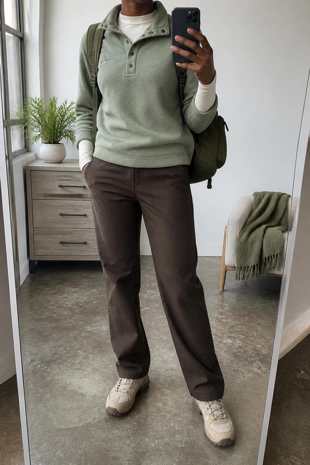mirror selfie of a Black woman wearing a sage green snap-front fleece pullover over a cream fitted long-sleeve base layer, chocolate straight-leg hiking pants, beige trail sneakers with brown soles, and an olive nylon backpack, clearly showing the exact clothing items, colors, fabrics, sneakers, and backpack listed in the Outfit Pieces section, holding a phone in front of a mirror, cropped at NECK so the face does not show, relaxed outdoor-ready selfie pose in a fashion studio mirror corner, natural window light, with a small plant on a dresser and a folded blanket on a chair, realistic fleece, knit, technical fabric, rubber, and nylon textures, latest iPhone photo quality