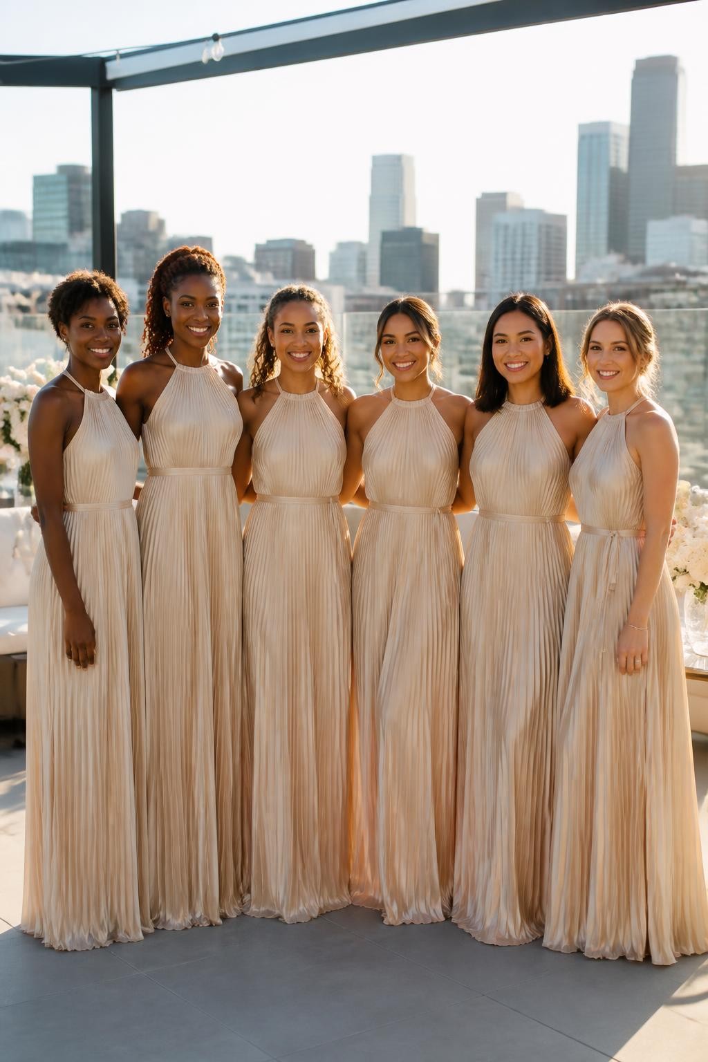 Realistic modern wedding photograph of six bridesmaids wearing champagne chiffon halter gowns with narrow gathered necklines, fine vertical pleats through the bodice and skirts, and softly tied waistbands, women with deep dark brown, reddish brown, medium golden, tan, olive, and fair skin, varied shoulder widths and body shapes represented naturally, bright confident faces, realistic under-eye texture and subtle makeup, hairstyles including short coils, Senegalese twists, low chignon, shoulder-length straight hair, and loose curls, standing on a modern rooftop terrace with cream furniture, glass railings, pale flowers, and a clear city skyline, late-afternoon sunlight passing through the chiffon, natural movement in the pleats, crisp editorial DSLR photography.