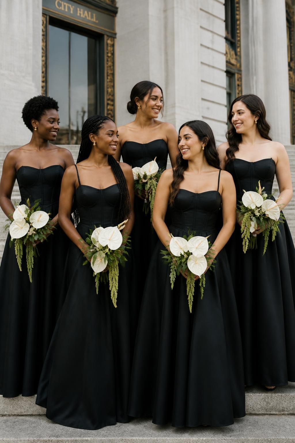 Realistic fashion-forward wedding portrait of five bridesmaids wearing matte black crepe dresses with softly structured corset bodices, curved basque waists, gentle boning, and full floor-length skirts with natural weight, women with rich dark, caramel, medium brown, light olive, and pale skin tones, different bust and body shapes, joyful bright faces with natural pores and subtle makeup, hairstyles including short coils, long braids, a soft chignon, and loose waves, photographed on wide marble steps outside a grand city courthouse wedding venue, white anthuriums and green foliage in their bouquets, crisp morning light, realistic creases around the waist and skirt, polished but believable bridal fashion photography.