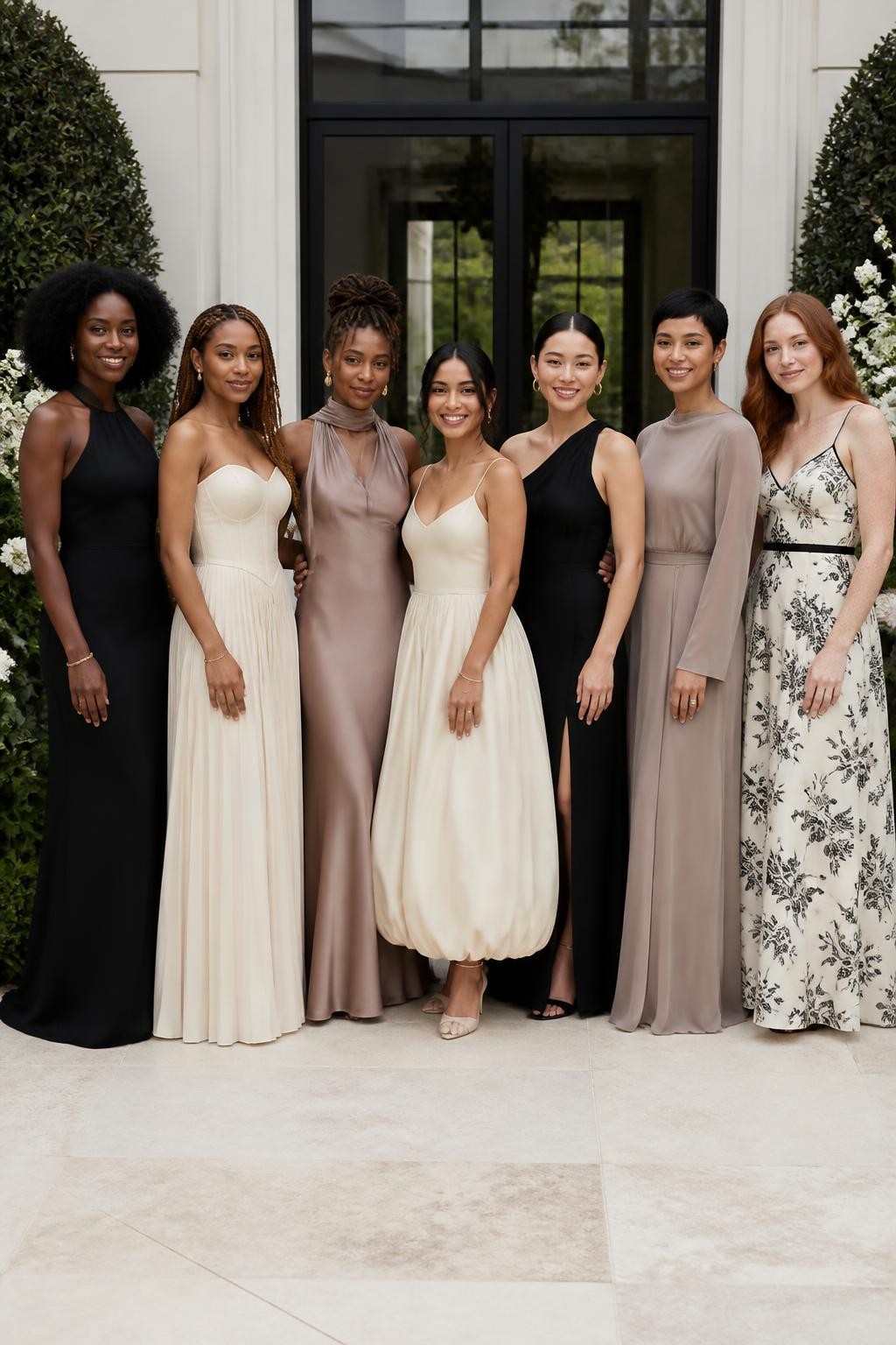 Realistic editorial wedding portrait of seven bridesmaids wearing intentionally mismatched dresses in black, warm ivory, cream, mushroom taupe, and soft greige, fabrics including matte crepe, satin, sheer chiffon, velvet, and botanical jacquard, silhouettes including a black halter column, ivory basque-waist gown, taupe scarf-neck slip, cream bubble-hem midi, black one-shoulder sash dress, greige long-sleeved gown, and ivory dress with black floral print, women with deep ebony, rich brown, reddish brown, golden olive, East Asian fair, tan, and pale freckled complexions, varied body shapes and ages, bright confident faces with realistic skin texture, hairstyles including natural coils, braids, locs, bobs, sleek buns, waves, and short pixie cuts, standing in a modern courtyard with black-framed doors, pale stone flooring, white flowers, and clipped green hedges, clean daylight and polished magazine-style composition.