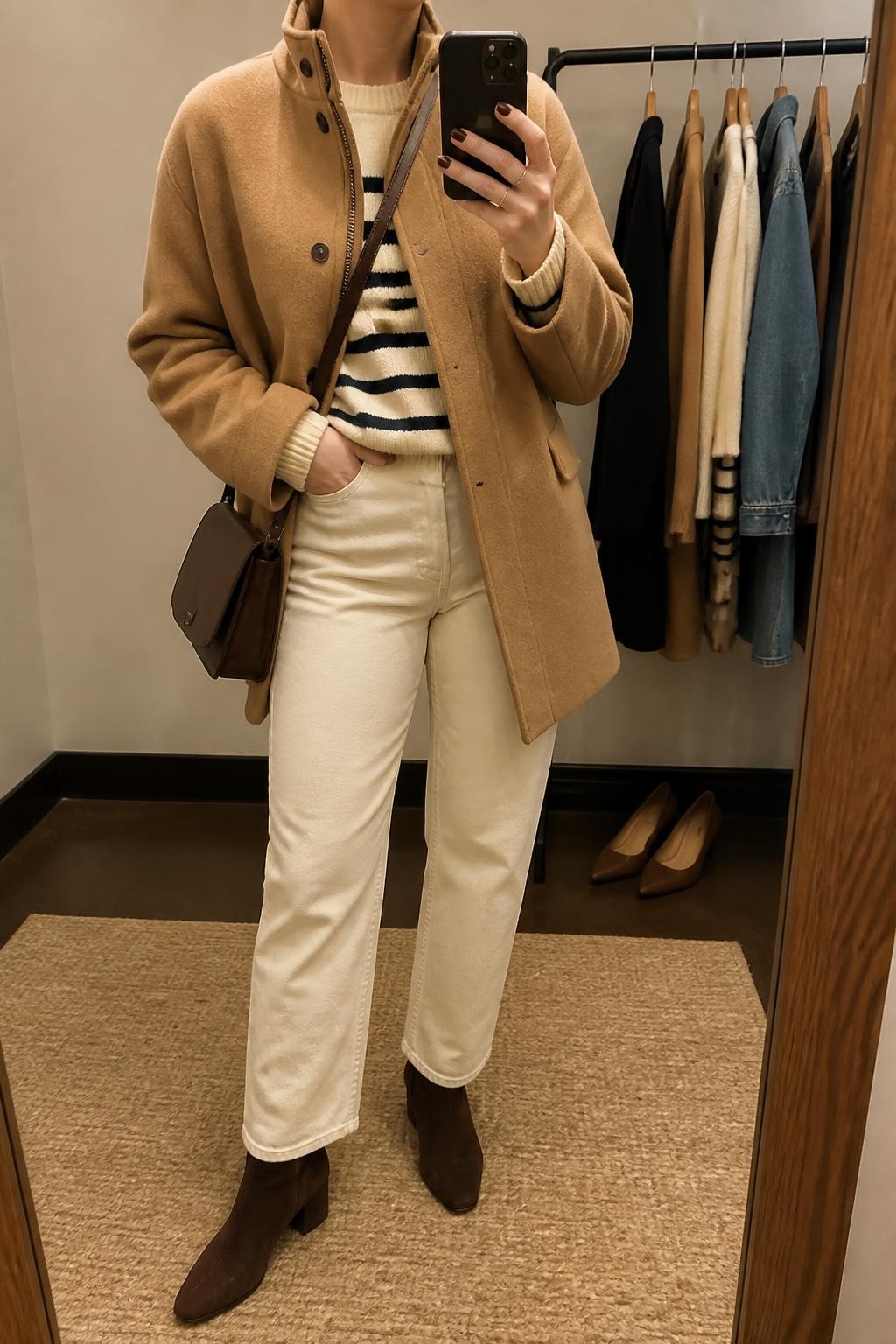 mirror selfie of a midsize woman wearing a camel wool-blend funnel-neck coat partly fastened over a cream and navy striped knit sweater, ecru straight-leg jeans, dark brown suede ankle boots, and a chocolate brown crossbody bag, clearly showing the exact clothing items, colors, fabrics, boots, and bag listed in the Outfit Pieces section, holding a phone in front of a mirror, cropped at NECK so the face does not show, relaxed casual selfie pose in a minimal dressing room, warm moody lighting, with a clothing rack holding a few garments behind her and a pair of heels on the floor nearby, true-to-life wool, knit, and suede textures, natural mirror reflection, latest iPhone photo quality
