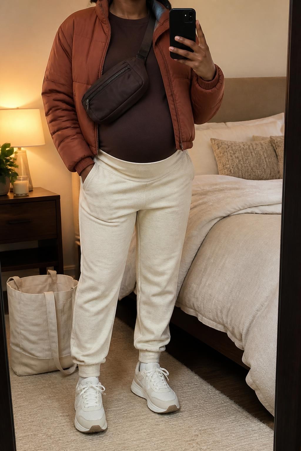 mirror selfie of a Black pregnant woman wearing an open rust cropped quilted puffer jacket over a chocolate maternity crewneck sweatshirt, cream under-the-bump maternity joggers, white and beige supportive sneakers, and a chocolate nylon belt bag worn crossbody above her visible baby bump, clearly showing the exact clothing items, colors, fabrics, sneakers, and bag listed in the Outfit Pieces section, holding a phone in front of a mirror, cropped at NECK so the face does not show, relaxed sporty maternity selfie pose in a cozy bedroom mirror setup, warm moody lighting, with a tote bag resting on the floor and soft pillows on an unmade bed, realistic quilting, sweatshirt fabric, jogger fabric, nylon, and sneaker textures, latest iPhone photo quality