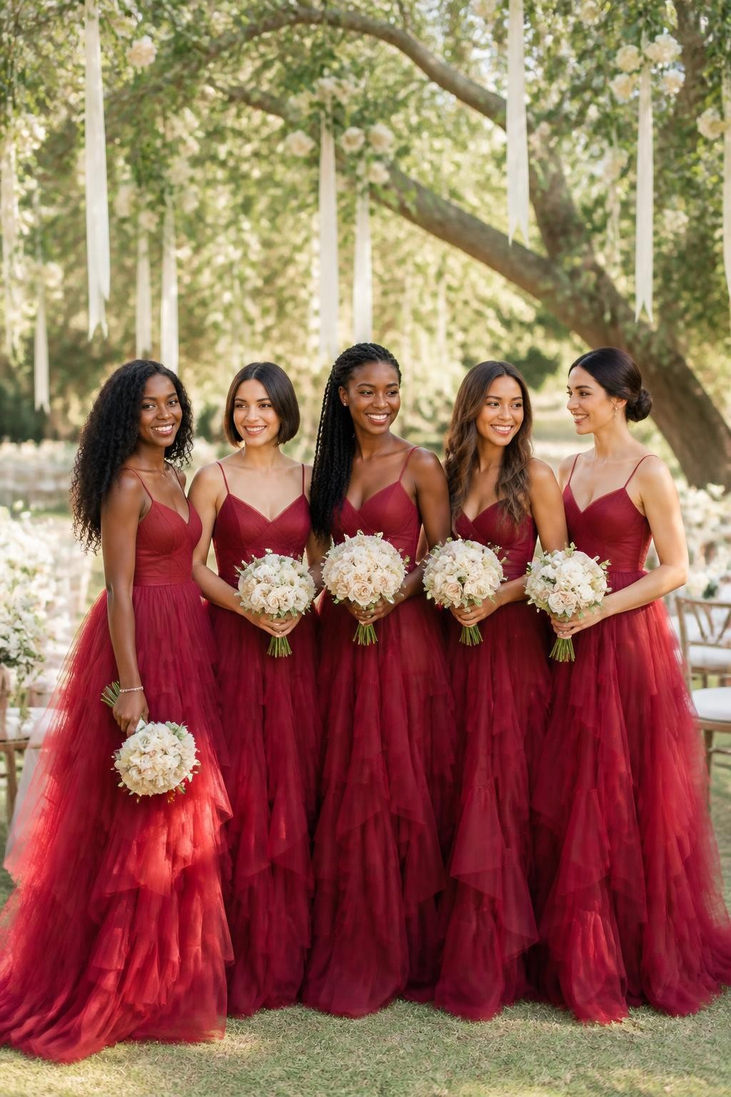Realistic romantic garden wedding photograph of five bridesmaids wearing ruby burgundy tulle gowns with clean fitted bodices, narrow straps, softly dropped waists, and airy tiered floor-length skirts, women with dark mahogany, rich brown, warm golden, olive, and fair complexions, bright beautiful faces with distinct features, realistic skin texture, hairstyles including natural curls, long twists, glossy waves, a soft bun, and a shoulder-length bob, standing beneath mature trees decorated with small white flowers and hanging ribbons, cream chairs and ivory floral arrangements behind them, diffused afternoon light passing through the layered tulle, natural movement and visible fabric edges, dreamy but believable DSLR wedding photography.