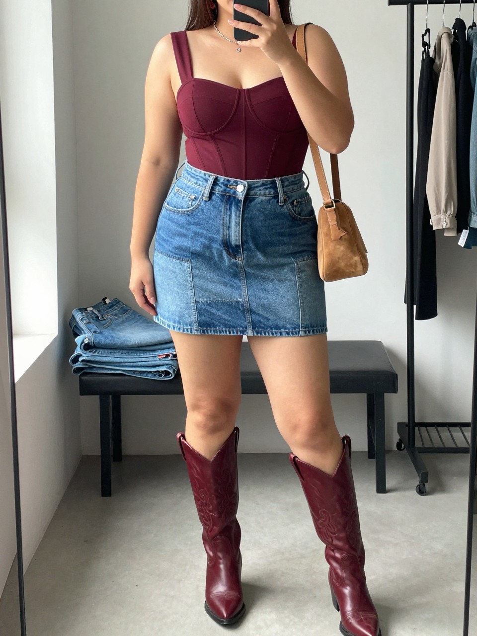 Mirror selfie of a plus size woman wearing a high-waisted patchwork denim mini skirt with mixed light and medium blue panels, a structured burgundy corset-style top with wide supportive straps, burgundy leather mid-calf cowboy boots, and a small tan suede shoulder bag, clearly showing the exact clothing items, patchwork denim, burgundy top, matching boots, and accessories listed, holding a phone in front of a mirror, cropped at the neck so her face does not show, relaxed bold selfie stance, in a fashion studio mirror corner with natural window light, folded denim jeans on a bench and a clothing rack with garments behind her, realistic music festival outfit, latest iPhone photo quality.