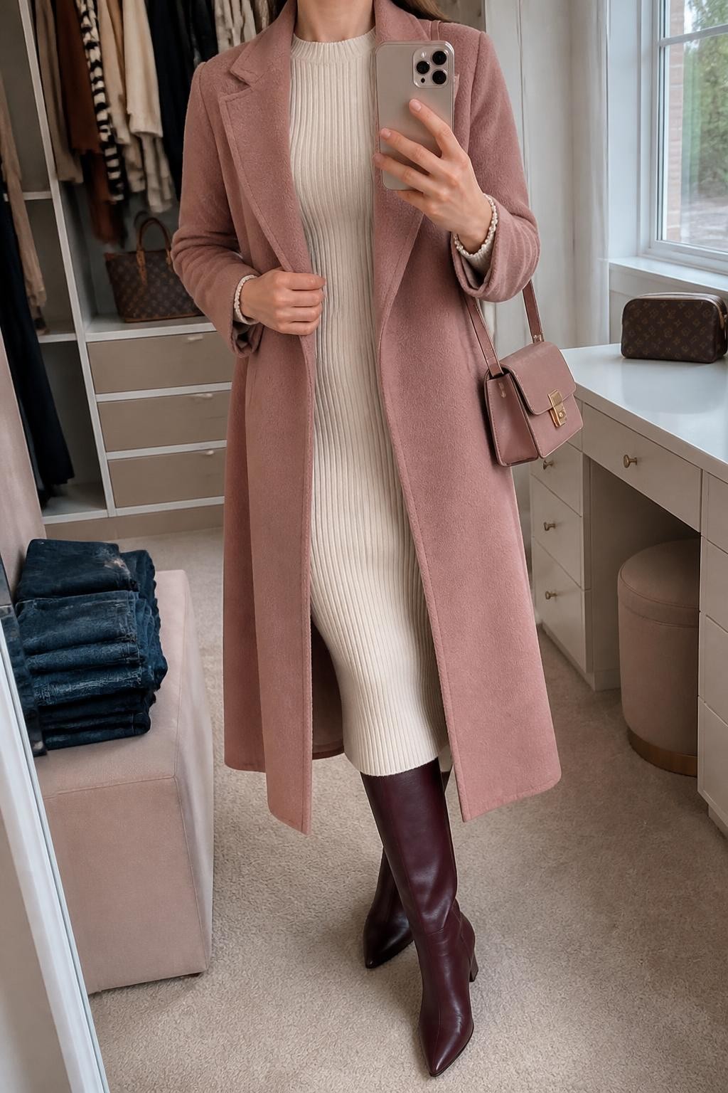 Image Prompt mirror selfie of a woman wearing an open dusty rose belted wool-blend coat with the belt tied loosely at the back over an ivory ribbed knit midi dress, burgundy leather knee-high boots, a dusty rose structured shoulder bag, and a slim pearl bracelet, clearly showing the exact clothing items, colors, fabrics, boots, bag, and bracelet listed in the Outfit Pieces section, holding a phone in front of a mirror, cropped at NECK so the face does not show, relaxed polished selfie pose in a walk-in closet mirror, natural window light, with folded denim jeans on a bench and a cosmetic bag on the vanity, realistic wool, ribbed knit, leather, and pearl textures, latest iPhone photo quality