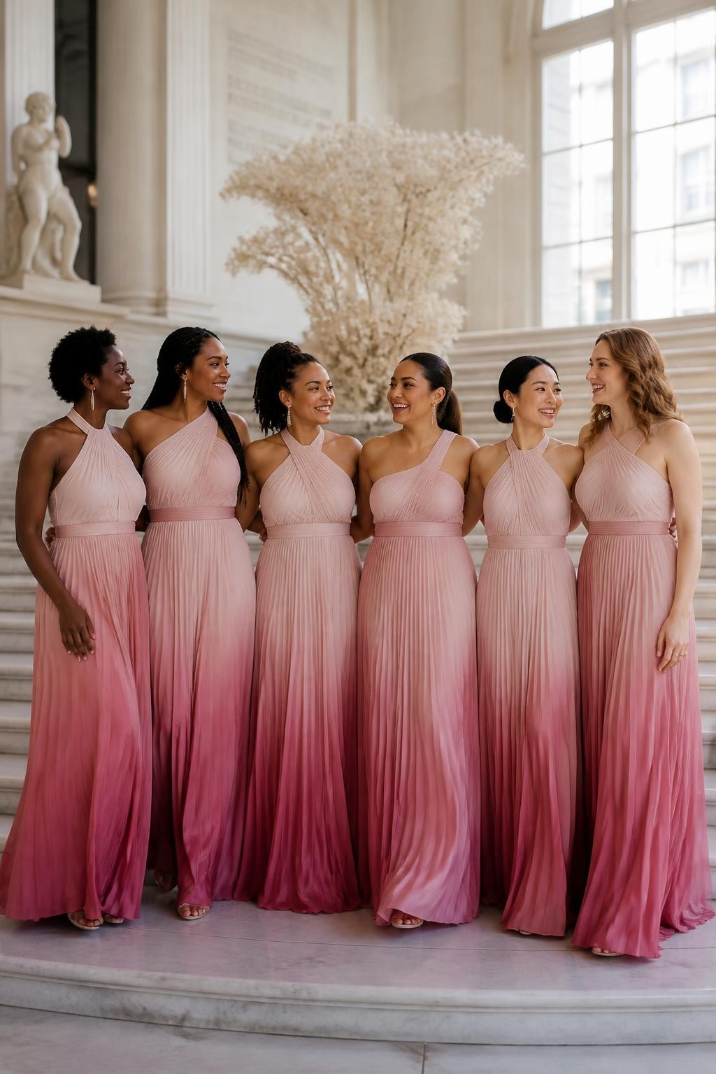 Realistic artistic wedding photograph of six bridesmaids wearing fine pleated chiffon gowns with smooth tonal transitions beginning in pale blush near the neck and shoulders before gradually deepening into dusty rose and muted berry pink close to the hems, gathered halter and asymmetric necklines, fitted waistbands, and fluid floor-length skirts, women with deep ebony, rich brown, warm caramel, olive, East Asian light beige, and fair rosy complexions, naturally varied ages, heights, and body shapes, bright beautiful faces with realistic smiles, hairstyles including natural coils, long braids, locs, glossy ponytail, smooth bun, and loose waves, standing on a wide marble staircase inside a light-filled museum, sculptural ivory flowers and tall windows behind them, soft daylight showing gradual color transitions, believable chiffon transparency, crisp pleat texture and natural skirt movement.