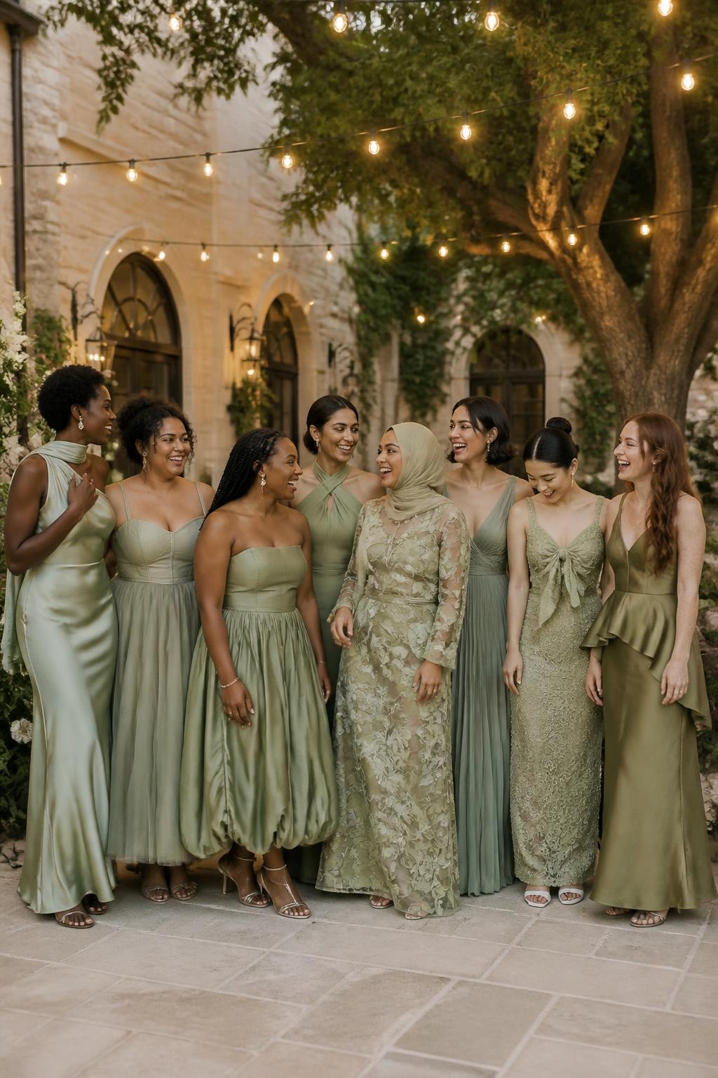 Realistic large bridal-party photograph of eight bridesmaids wearing intentionally coordinated dresses in pistachio sage, pale sage, celadon, eucalyptus, dusty sage, smoky sage, moss sage, and muted olive, fabrics including liquid satin, matte crepe, velvet, pleated chiffon, botanical organza, tonal jacquard, crochet lace, and silk faille, silhouettes including a shoulder-scarf satin column, basque-waist ballerina gown, bubble-hem midi, twisted-halter dress, sculpted-flower organza gown, dropped-waist pleated gown, front-bow faille dress, and waterfall-peplum column, women with very deep, deep brown, reddish brown, golden, olive, tan, East Asian fair, and pale freckled skin tones, broad representation of ages, heights, and body shapes, bright beautiful faces and genuine laughter, hairstyles including natural coils, braids, locs, waves, sleek buns, short cuts, and a softly styled hijab, standing in a lush estate courtyard with cream stone, mature trees, ivory flowers, and warm string lights, every fabric responding differently to the evening light, realistic spacing, candid movement, natural hands and believable proportions.