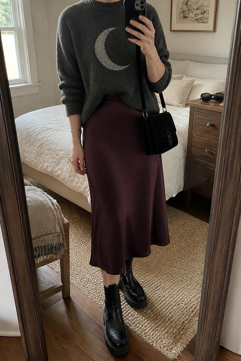 mirror selfie of a woman wearing a charcoal knit sweater with a clear silver crescent moon motif, a small front tuck into a deep plum satin midi slip skirt, black chunky leather ankle boots, a black velvet crossbody bag, and a slim silver cuff bracelet, clearly showing the exact clothing items, colors, motif, fabrics, boots, bag, and bracelet listed in the Outfit Pieces section, holding a phone in front of a mirror, cropped at NECK so the face does not show, relaxed casual selfie pose in a cozy bedroom mirror setup, natural window light, with a folded blanket on a chair and sunglasses placed on a dresser, realistic knit, satin, leather, velvet, and silver textures, latest iPhone photo quality