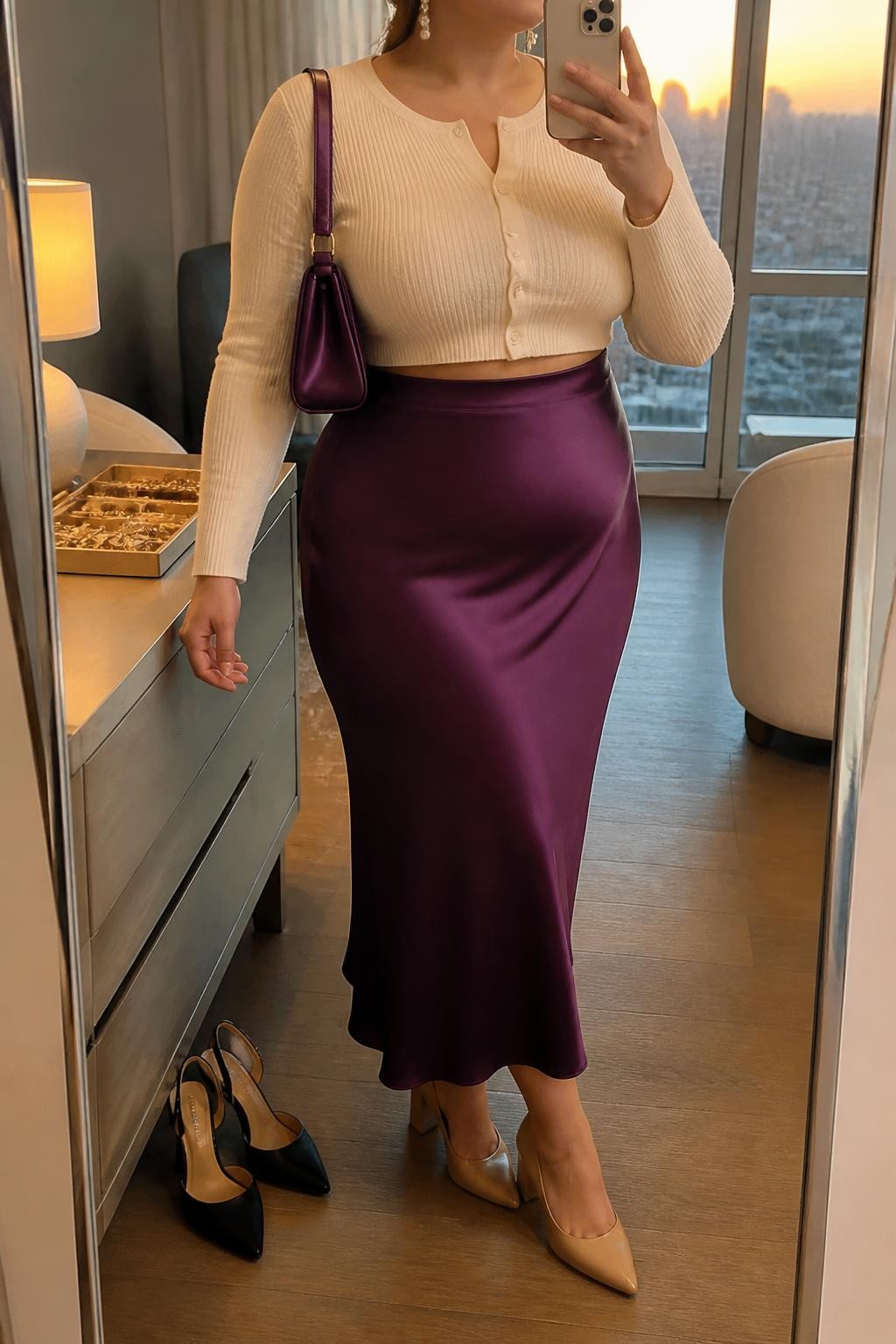 Mirror selfie of a plus size woman wearing a plum purple satin high-waisted midi skirt with a fluid bias-cut shape, a fitted ivory cropped cardigan buttoned at the front, nude pointed block heels, a plum satin shoulder bag, and pearl drop earrings, clearly showing the exact clothing items, plum satin, ivory knit, colors, footwear, and accessories listed, holding a phone in front of a mirror, cropped at the neck so her face is hidden, relaxed elegant selfie stance, in a stylish city apartment with evening golden-hour lighting, a jewelry tray on the dresser and a pair of heels on the floor nearby, realistic birthday brunch styling, latest iPhone photo quality.