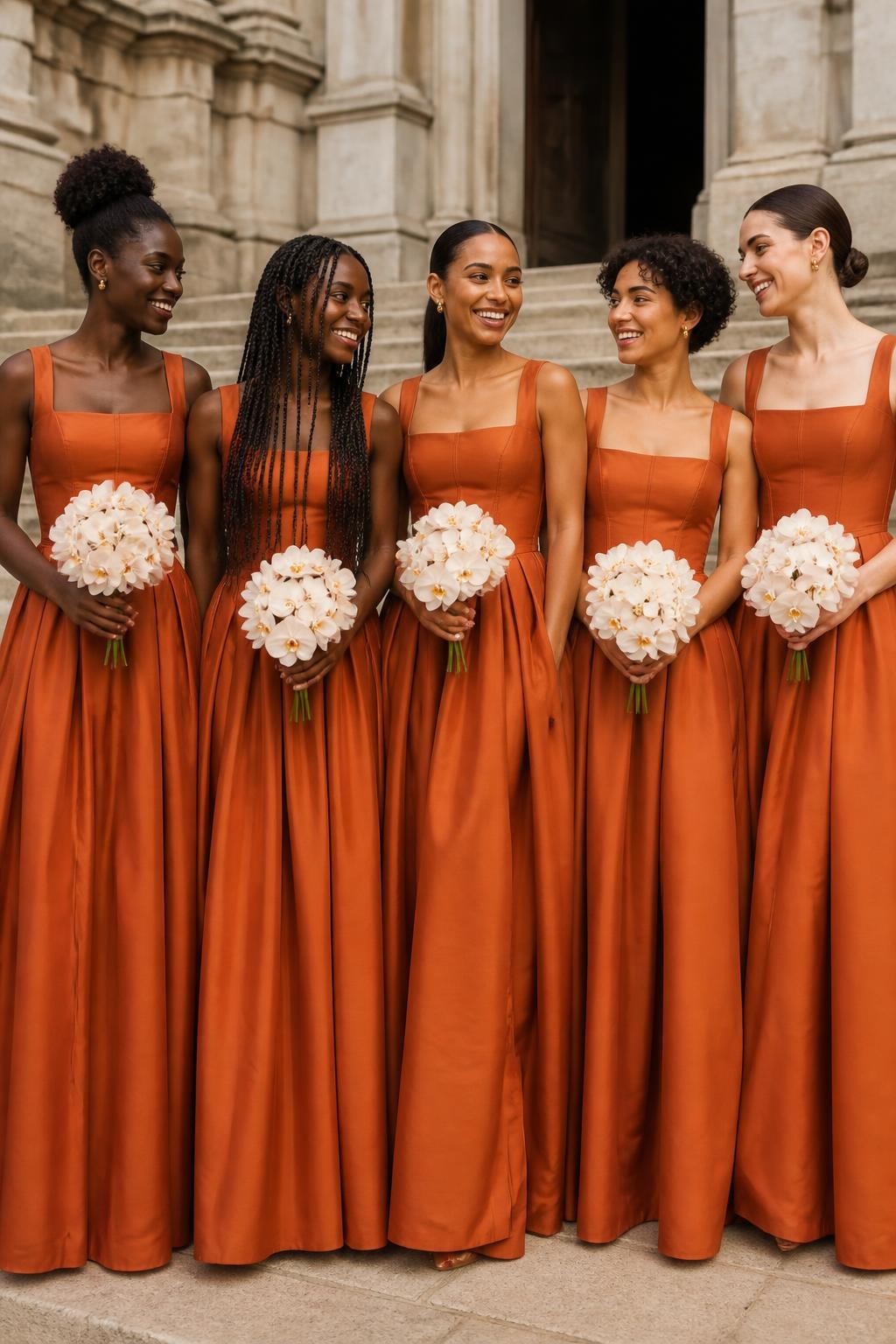 Realistic fashion-forward wedding portrait of five bridesmaids wearing matte burnt orange silk-faille gowns with softly structured corset bodices, wide square necklines, curved basque waists, and full floor-length skirts with hidden side pockets, women with very deep brown, cool dark brown, cinnamon, golden tan, and pale neutral skin tones, different torso lengths, bust sizes, and body proportions represented naturally, bright joyful faces with individual features, realistic pores and small flyaway hairs, hairstyles including a sculpted natural updo, waist-length braids, glossy ponytail, short curly bob, and smooth chignon, photographed on broad sandstone steps outside a historic city wedding venue, holding compact ivory orchid bouquets, clear morning light revealing the matte fabric finish, visible seams, natural stiffness, and deep skirt folds.