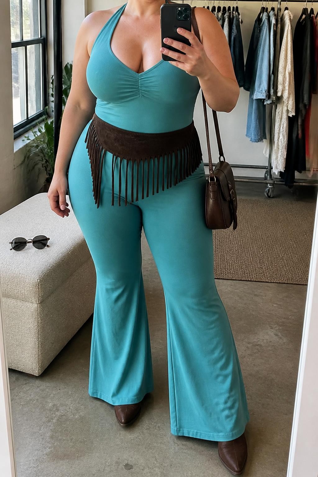 Mirror selfie of a plus size woman wearing a turquoise stretch jersey halter jumpsuit with wide supportive straps, a fitted waist, and dramatic flared legs, a dark brown suede fringe belt worn at the waist, dark brown pointed ankle cowboy boots, and a small dark brown leather crossbody bag, clearly showing the exact jumpsuit, turquoise color, fringe belt, brown footwear, and accessories listed, holding a phone in front of a mirror, cropped at the neck so her face does not show, relaxed confident selfie stance, in a fashion studio mirror corner with natural window light, a clothing rack with garments behind her and sunglasses placed on a bench, realistic festival outfit, latest iPhone photo quality.