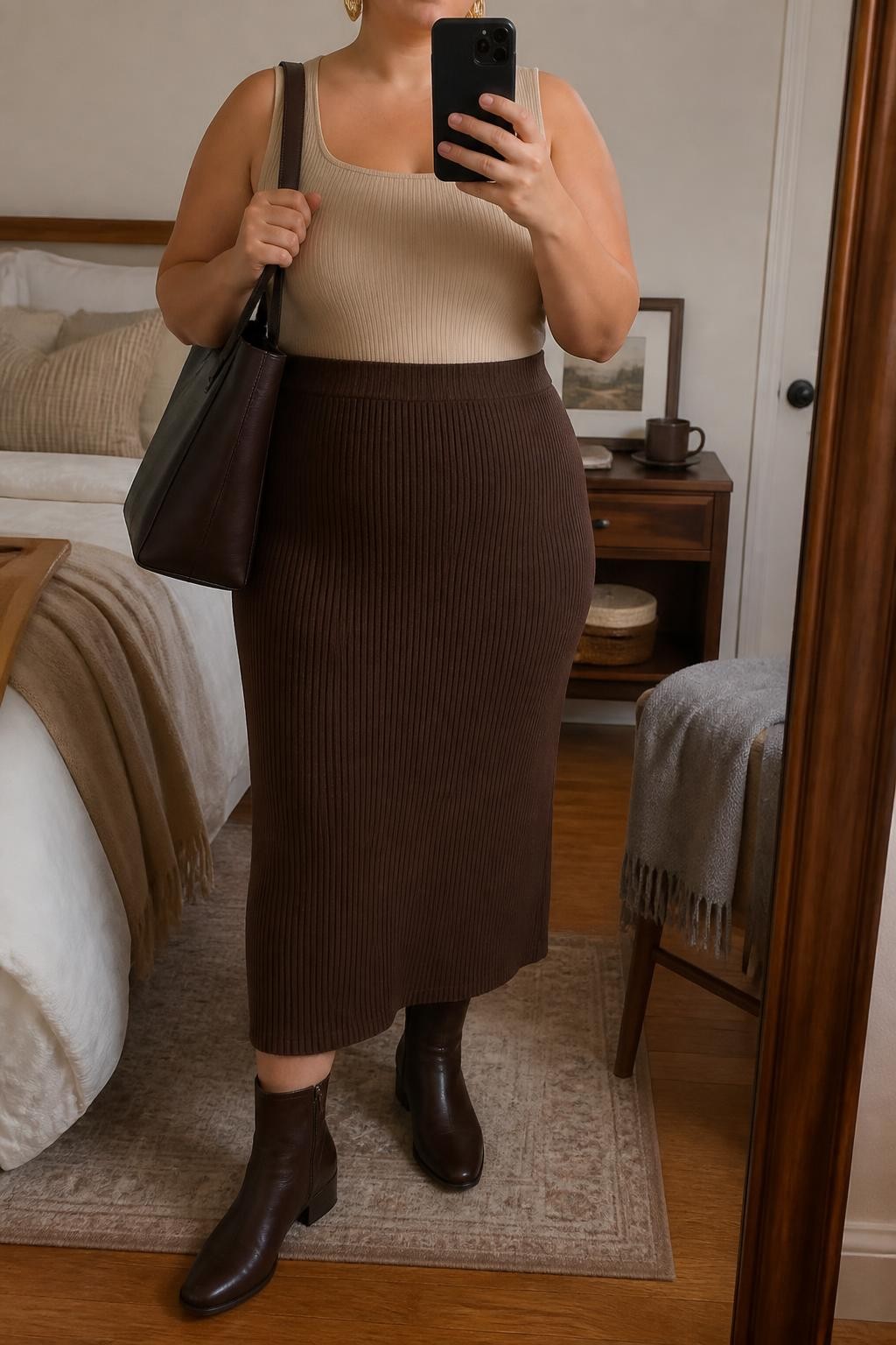 Mirror selfie of a plus size woman wearing a chocolate brown high-waisted ribbed knit midi skirt with a straight shape and back slit, a fitted beige square-neck ribbed bodysuit, dark brown leather ankle boots with low block heels, a structured chocolate tote bag, and hammered gold earrings, clearly showing the exact clothing items, brown ribbed textures, beige bodysuit, slit, footwear, and accessories listed, holding a phone in front of a mirror, cropped at the neck so her face is hidden, relaxed warm selfie stance, in a cozy bedroom mirror setup with soft indoor lighting, a folded blanket on a chair and a coffee mug on a bedside table, realistic autumn outfit, latest iPhone photo quality.