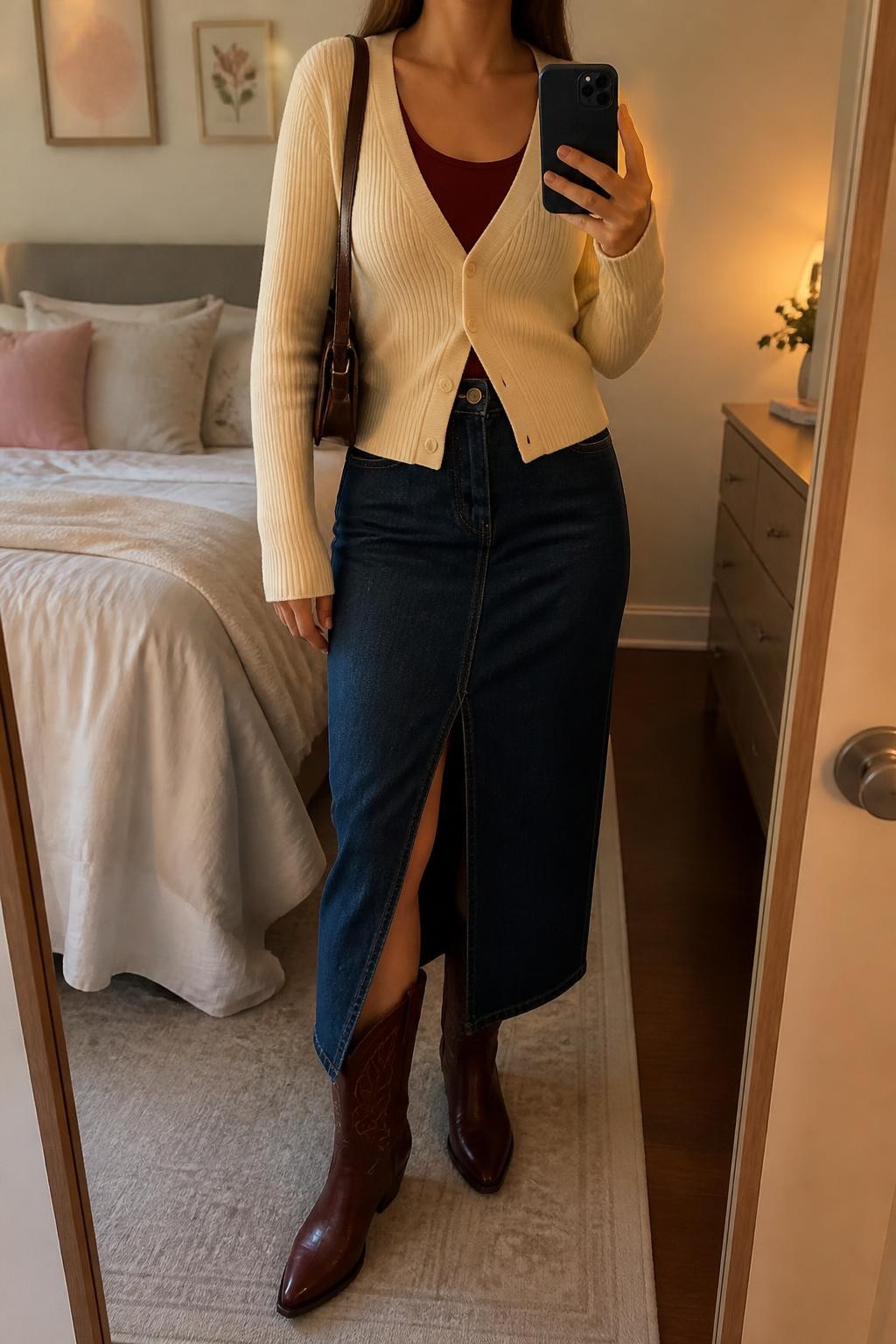 mirror selfie of a woman wearing a cream ribbed V-neck cardigan buttoned halfway over a burgundy fitted scoop-neck top, a dark-wash front-slit denim midi skirt, burgundy leather cowboy boots, and a chocolate structured shoulder bag, clearly showing the exact clothing items, colors, fabrics, boots, and bag listed in the Outfit Pieces section, holding a phone in front of a mirror, cropped at NECK so the face does not show, relaxed polished selfie pose in a feminine-themed bedroom, evening golden hour light, with soft pillows on an unmade bed and a small plant on a dresser, realistic ribbed knit, denim, and leather textures, latest iPhone photo quality