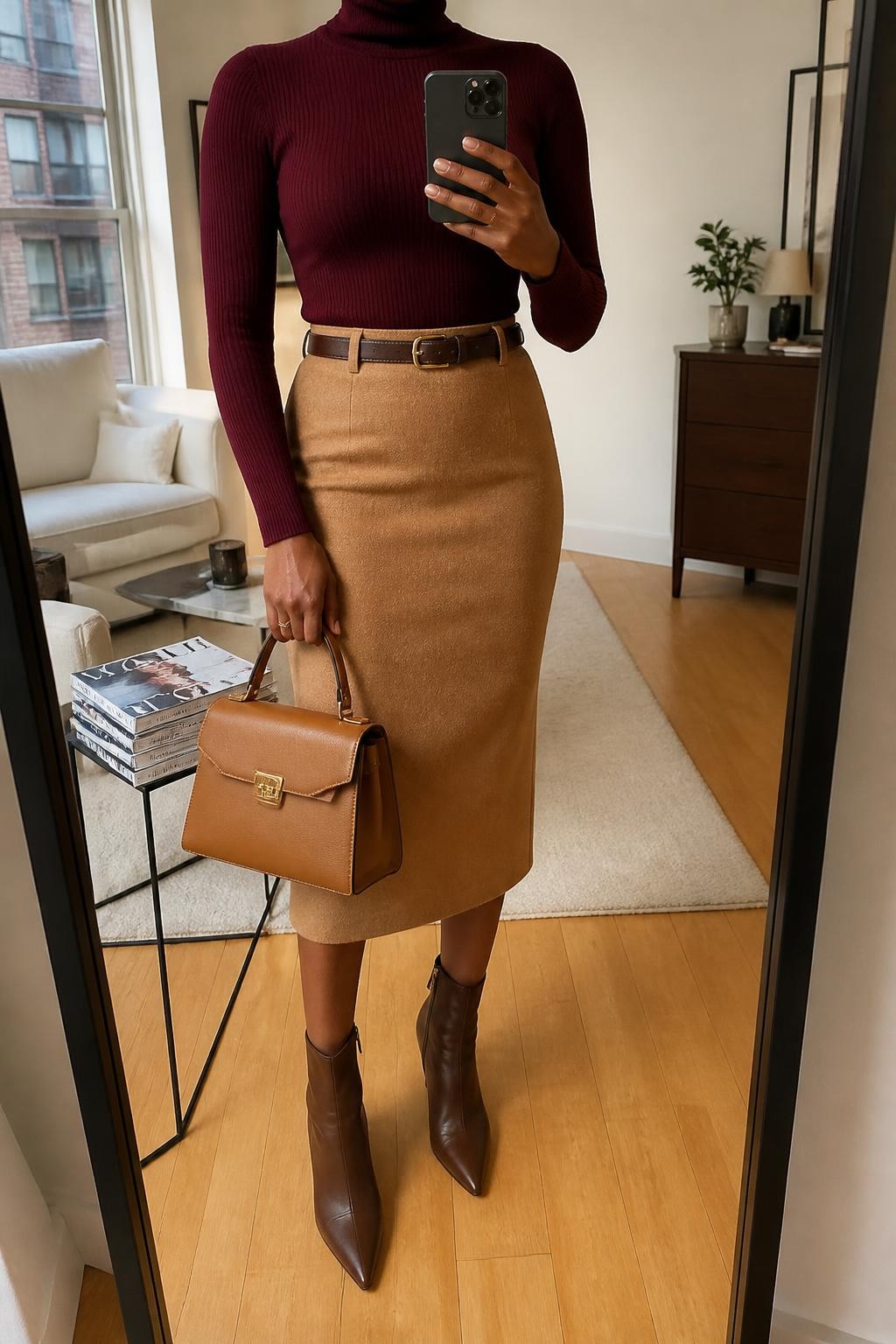 Mirror selfie of a Black woman wearing a camel wool-blend pencil skirt, a fitted burgundy ribbed turtleneck, a chocolate-brown leather belt, dark brown pointed-toe ankle boots, and a structured tan top-handle bag, clearly showing the exact clothing items, colors, fabrics, and accessories listed, holding a phone in front of a stylish city apartment mirror, cropped at the neck so the face does not show, relaxed confident selfie pose, soft indoor lighting, a stack of fashion magazines on a side table and a small plant on a dresser, realistic and uncluttered, latest iPhone photo quality.