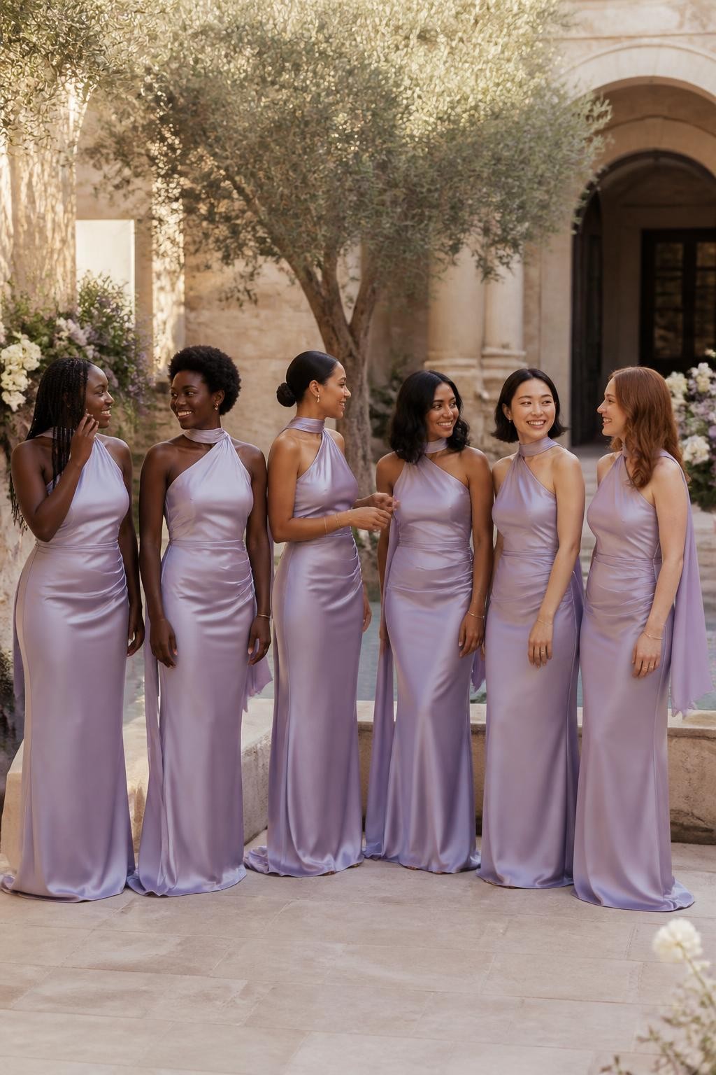 Realistic full-frame DSLR wedding photograph of six bridesmaids wearing floor-length lavender satin dresses with soft asymmetric necklines, narrow chiffon scarves attached at one shoulder and trailing loosely down the back, diagonal waist draping, and fluid column skirts, women with deep ebony, rich mahogany, warm caramel, South Asian olive, East Asian light beige, and fair freckled skin tones, naturally varied ages, heights, bust sizes, and body shapes, bright beautiful faces with distinct individual features, realistic pores, natural smiles, and soft makeup carefully suited to each complexion, hairstyles including long knotless braids, a rounded natural afro, sleek low bun, shoulder-length curls, polished bob, and loose waves, standing in a cream limestone courtyard with ivory roses, lavender flowers, olive trees, and a shallow reflecting pool, warm late-afternoon light creating controlled satin highlights, believable fabric ripples, lightly windblown scarves, and relaxed conversational poses.