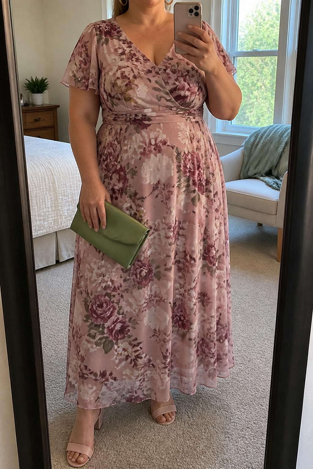 `Mirror selfie of a plus size woman wearing a dusty rose chiffon maxi dress with burgundy and sage floral prints, short flutter sleeves, a V-neckline, and a softly fitted waist, blush pink block-heel sandals, a sage green satin clutch, and small gold hoop earrings, clearly showing the exact dress print, colors, chiffon fabric, footwear, and accessories listed, holding a phone in front of a mirror, cropped at the neck so the face does not appear, relaxed graceful selfie stance, in a cozy bedroom mirror setup with natural window light, a folded blanket on a chair and a small plant on a dresser, realistic garden wedding appearance, latest iPhone photo quality.