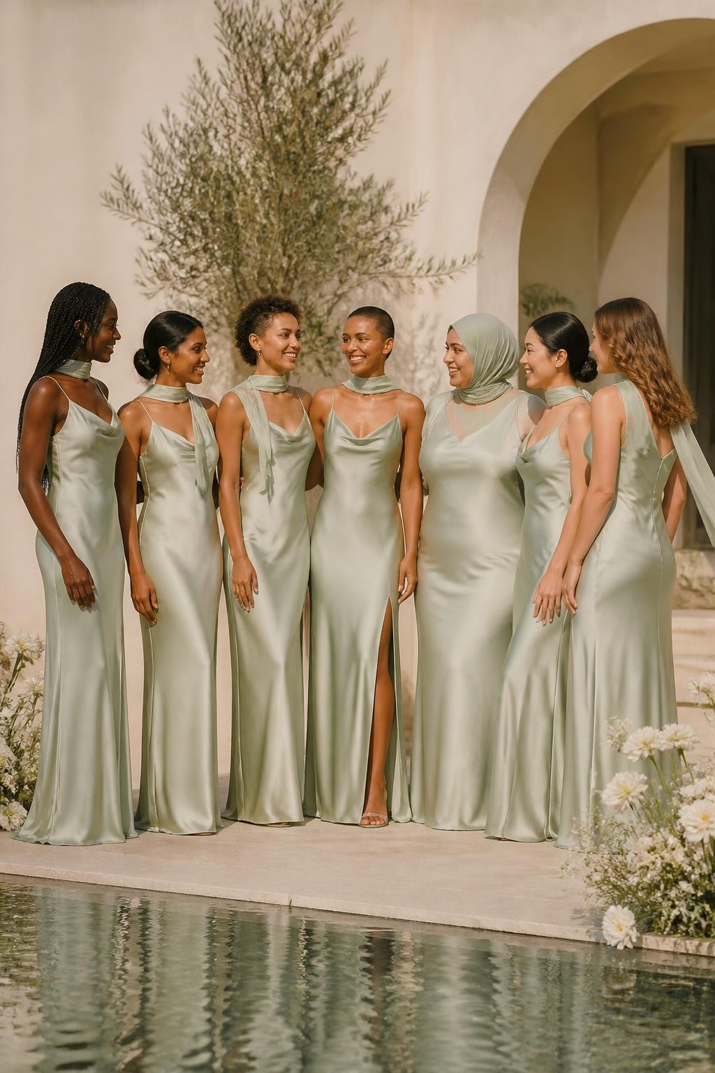 Realistic editorial wedding image of seven bridesmaids wearing celadon green satin slip dresses with softly shaped cowl or straight necklines and matching narrow chiffon scarves styled loosely around the neck, tied at the back, or draped over one shoulder, women with very deep brown, dark brown, cinnamon, golden tan, olive, East Asian light beige, and fair skin tones, petite, tall, slim, curvy, and plus-size bodies shown naturally, bright relaxed faces, soft dewy makeup, hairstyles including long braids, short textured hair, a curly bob, smooth hijab, polished bun, and undone waves, standing in a minimalist cream courtyard with a reflecting pool, sculptural white flowers, and late-afternoon sunlight, natural satin ripples, slightly windblown scarves, candid conversational poses, sophisticated DSLR fashion photography.