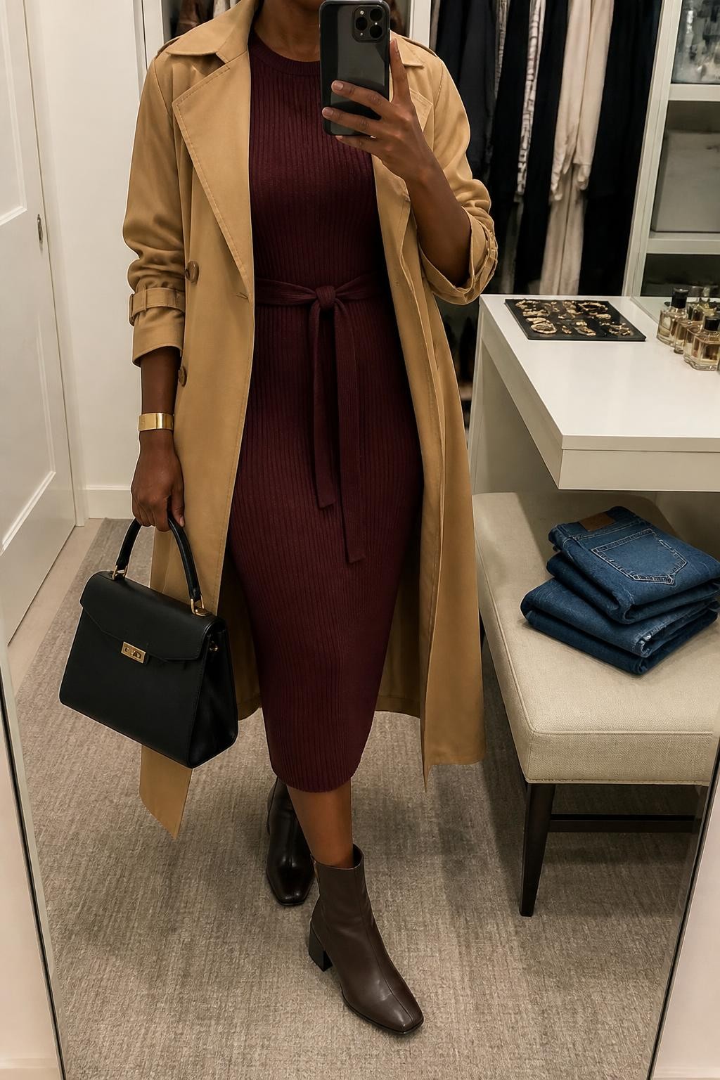 mirror selfie of a Black woman wearing a burgundy ribbed knit midi dress tied neatly at the natural waist, an open camel belted cotton trench coat, chocolate leather block-heel ankle boots, a black structured top-handle bag, and a slim gold cuff bracelet, clearly showing the exact clothing items, colors, fabrics, boots, bag, and bracelet listed in the Outfit Pieces section, holding a phone in front of a mirror, cropped at NECK so the face does not show, relaxed professional selfie pose in a walk-in closet mirror, soft indoor lighting, with a jewelry tray on the vanity and folded denim jeans on a bench, realistic knit, cotton, and leather textures, latest iPhone photo quality