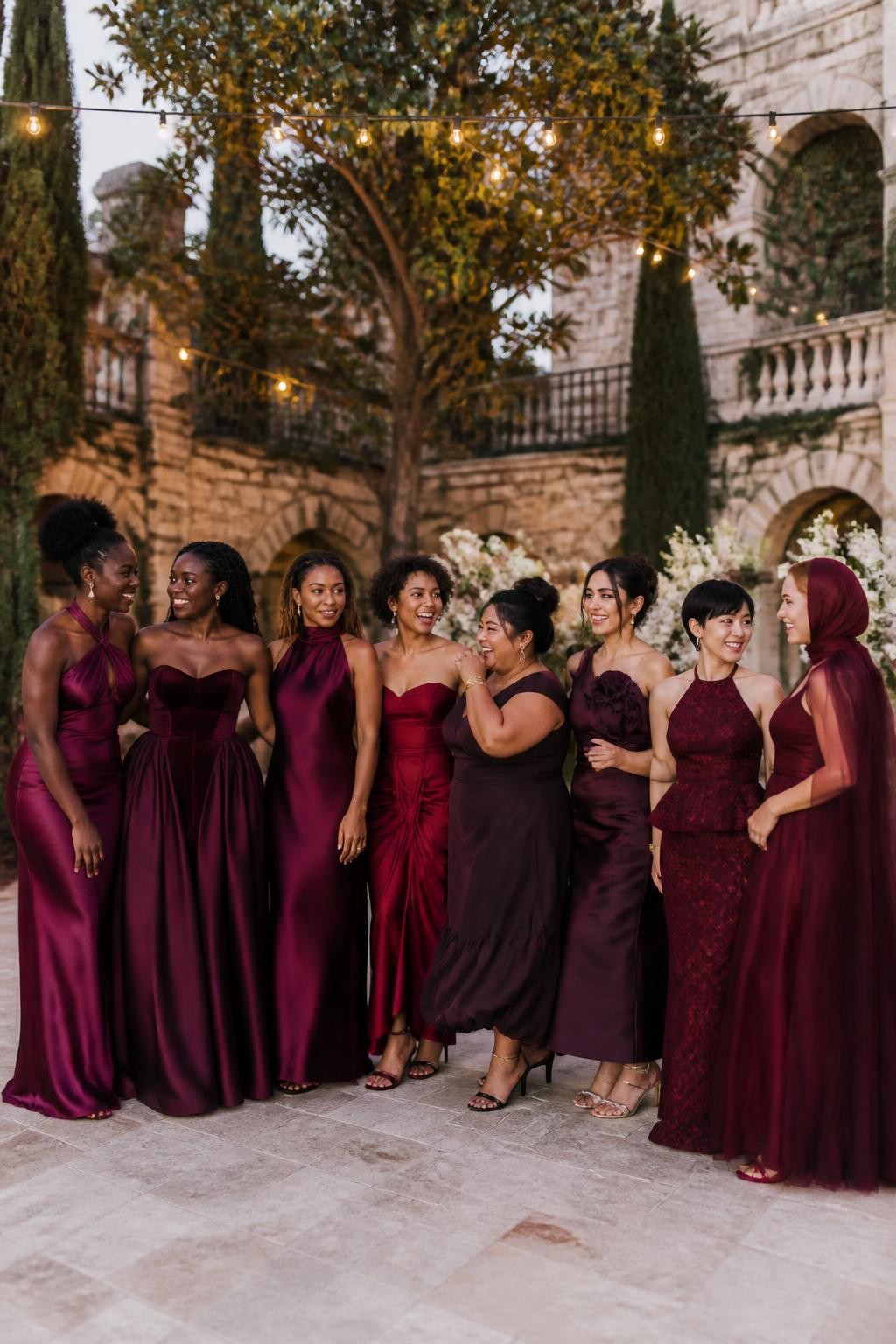 Realistic large bridal-party photograph of eight bridesmaids wearing intentionally coordinated dresses in wine maroon, black cherry, mulberry, mahogany red, deep garnet, plum-maroon, brick maroon, and dark ruby, fabrics including liquid satin, matte crepe, velvet, pleated chiffon, organza, tonal jacquard, silk faille, and fine tulle, silhouettes including a twisted-neck satin gown, basque-waist ballerina dress, scarf-neck slip, dropped-waist tulip gown, bubble-hem midi, sculpted-dahlia organza dress, halter peplum column, and cape-back gown, women with very deep, deep brown, reddish brown, golden, olive, tan, East Asian fair, and pale freckled skin tones, broad representation of ages, heights, and body shapes, bright beautiful faces and genuine laughter, hairstyles including natural coils, braids, locs, waves, sleek buns, short cuts, and softly styled hijab, standing in a lush estate courtyard with cream stone, mature trees, ivory flowers, and warm string lights, every fabric responding differently to the evening light, realistic spacing and candid movement.