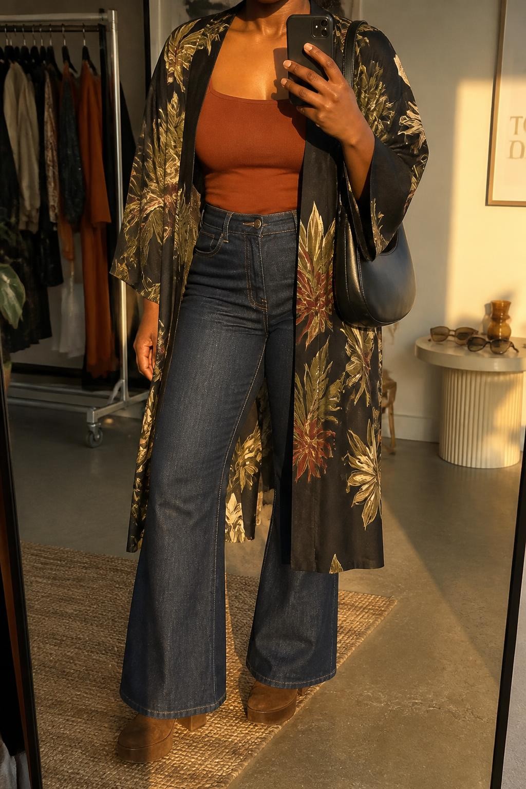 Mirror selfie of a Black woman wearing dark indigo flared jeans, a fitted rust-orange square-neck top, a long black kimono with olive, burgundy, and cream botanical prints, brown suede platform boots, and a black leather shoulder bag, clearly showing the exact clothing items, colors, fabrics, and accessories listed, holding a phone in front of a fashion studio mirror corner, cropped at the neck so the face does not show, relaxed casual selfie pose, evening golden-hour lighting, a clothing rack with garments behind and sunglasses placed on a side table, realistic editorial setting, latest iPhone photo quality.