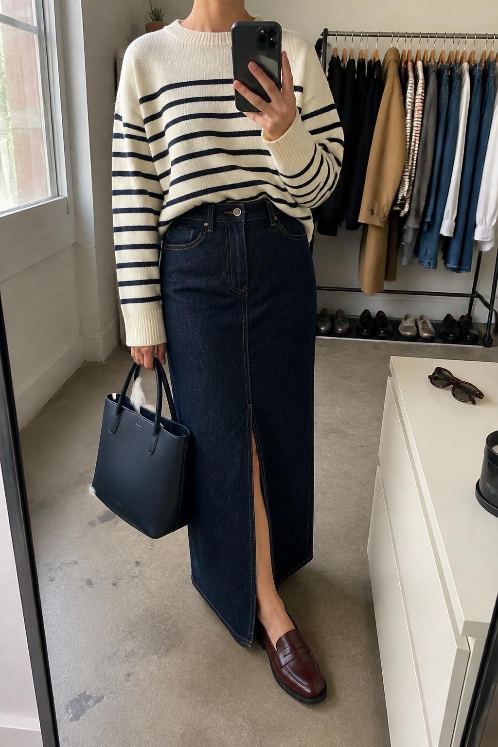 Mirror selfie of a woman wearing a dark indigo denim maxi skirt with a front slit, cream and navy striped knit sweater, burgundy leather loafers, navy structured tote bag, and brown tortoiseshell sunglasses, clearly showing the exact clothing items, colors, fabrics, and accessories listed, holding a phone in front of a fashion studio mirror corner, cropped at the neck so the face does not show, relaxed casual selfie pose, natural window light, sunglasses placed on a dresser and a clothing rack with garments behind, believable everyday scene, latest iPhone photo quality.