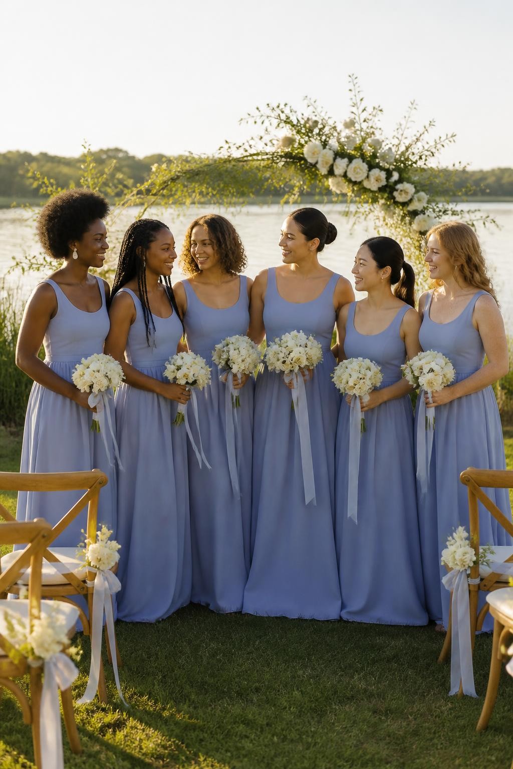 Realistic romantic wedding portrait of six bridesmaids wearing periwinkle chiffon dresses with fitted scoop-neck bodices, elongated dropped waists, and soft gathered skirts beginning around the upper hip, women with deep ebony, warm mahogany, medium golden, light olive, East Asian beige, and fair freckled skin tones, different torso lengths and body shapes represented naturally, bright beautiful faces, realistic makeup and individual facial features, hairstyles including a rounded afro, long twists, shoulder-length curls, sleek bun, polished ponytail, and loose waves, standing beside a lakeside ceremony with cream flowers, pale blue ribbons, wooden chairs, tall grass, and calm water, gentle wind creating believable movement in the skirts, soft golden-hour lighting and natural shadows.