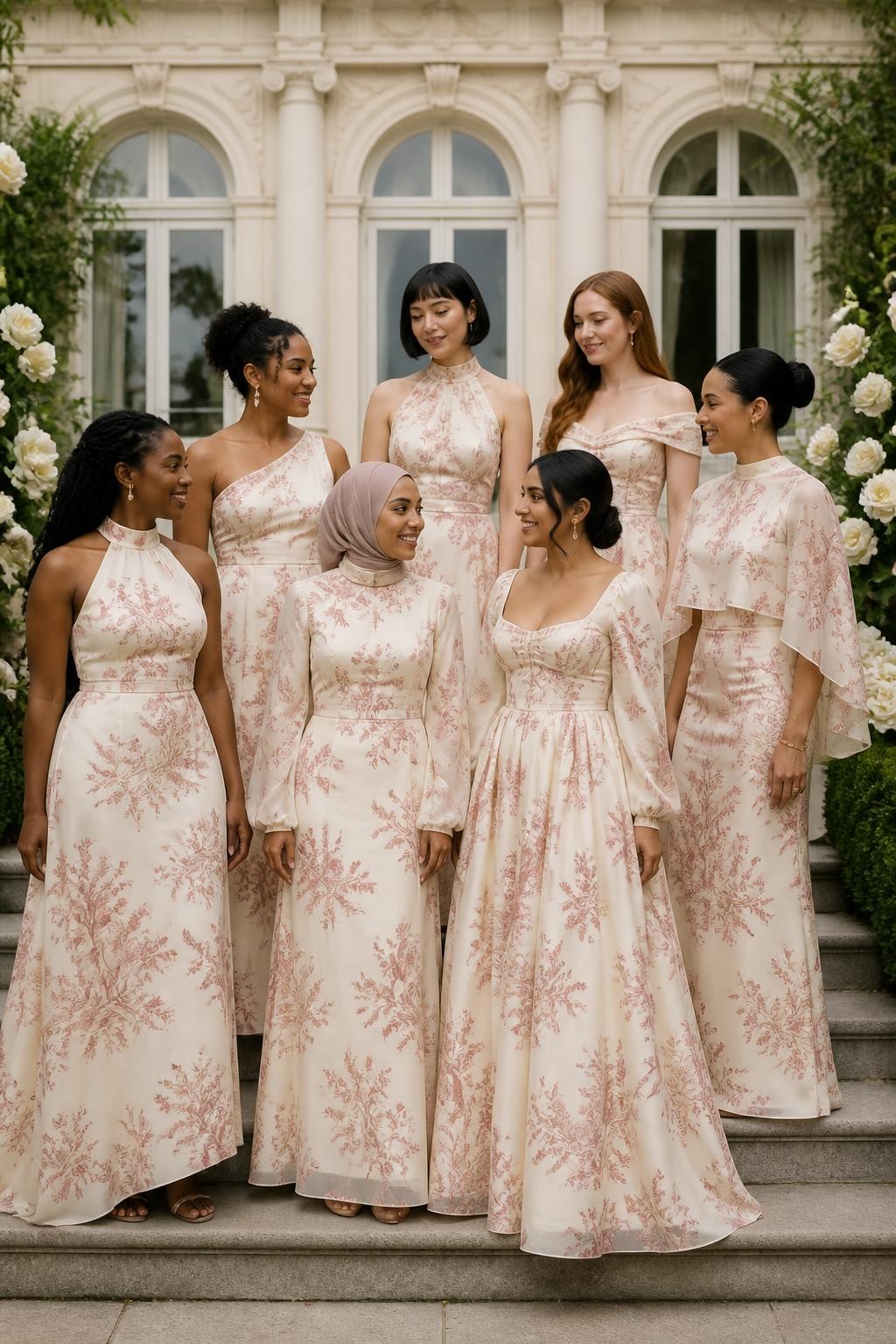 Realistic spring estate wedding photograph of seven bridesmaids wearing warm cream dresses printed with fine blush and dusty-rose botanical toile illustrations featuring peonies, vines, garden birds, and small landscape scenes, silhouettes including a basque-waist A-line gown, scarf-neck satin slip, one-shoulder column, ankle-length full skirt, halter gown, cape-sleeve dress, and softly draped off-shoulder style, women with very deep brown, rich brown, reddish brown, golden tan, South Asian olive, East Asian fair, and pale freckled skin tones, naturally varied ages, heights, and body shapes, bright beautiful faces with distinct features and realistic skin texture, hairstyles including coils, locs, braids, polished bobs, sleek buns, soft waves, and a neatly wrapped hijab, standing on the steps of a cream manor surrounded by white roses and clipped greenery, diffused daylight showing the detailed print accurately.