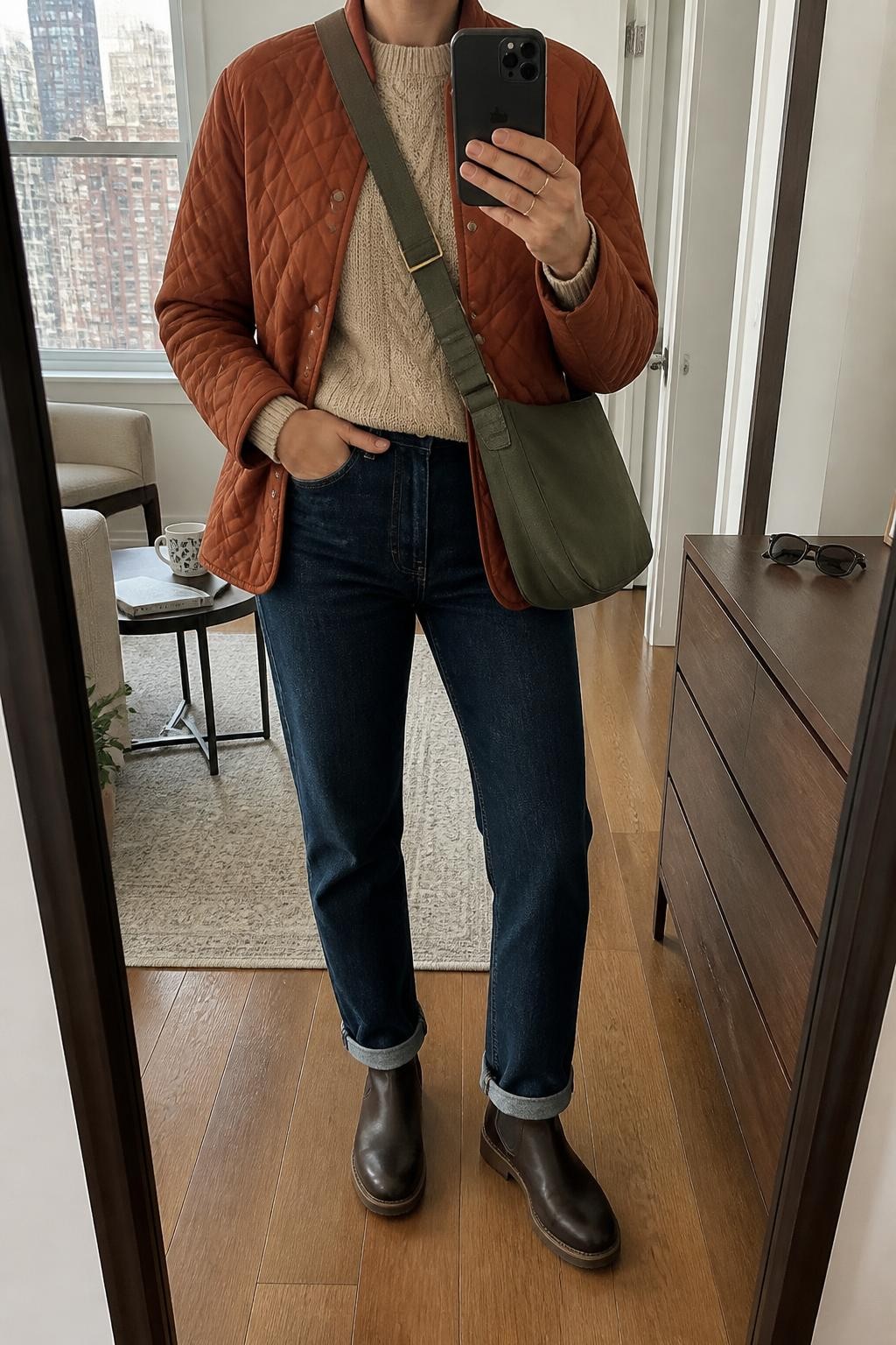 mirror selfie of a woman wearing an open rust diamond-quilted jacket over an oatmeal cable-knit crewneck sweater, dark-wash high-rise straight-leg jeans cuffed once above dark brown weather-resistant ankle boots, and an olive canvas crossbody bag, clearly showing the exact clothing items, colors, fabrics, boots, and bag listed in the Outfit Pieces section, holding a phone in front of a full-length mirror, cropped at NECK so the face does not show, relaxed casual selfie pose in a stylish city apartment, natural window light, with sunglasses placed on a dresser and a coffee mug on a side table, realistic quilting, cable knit, denim, leather, and canvas textures, latest iPhone photo quality