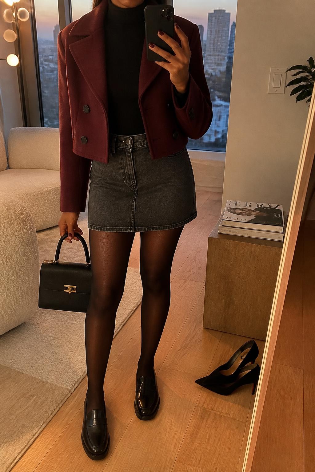 Mirror selfie of a Black woman wearing a charcoal-grey denim mini skirt, fitted black turtleneck, cropped burgundy wool peacoat, sheer black tights, black leather loafers, and a structured black handbag, clearly showing the exact clothing items, colors, fabrics, and accessories listed, holding a phone in front of a stylish city apartment mirror, cropped at the neck so the face does not show, relaxed casual selfie pose, evening golden-hour lighting, a stack of fashion magazines on a side table and a pair of heels on the floor nearby, polished natural setting, latest iPhone photo quality.
