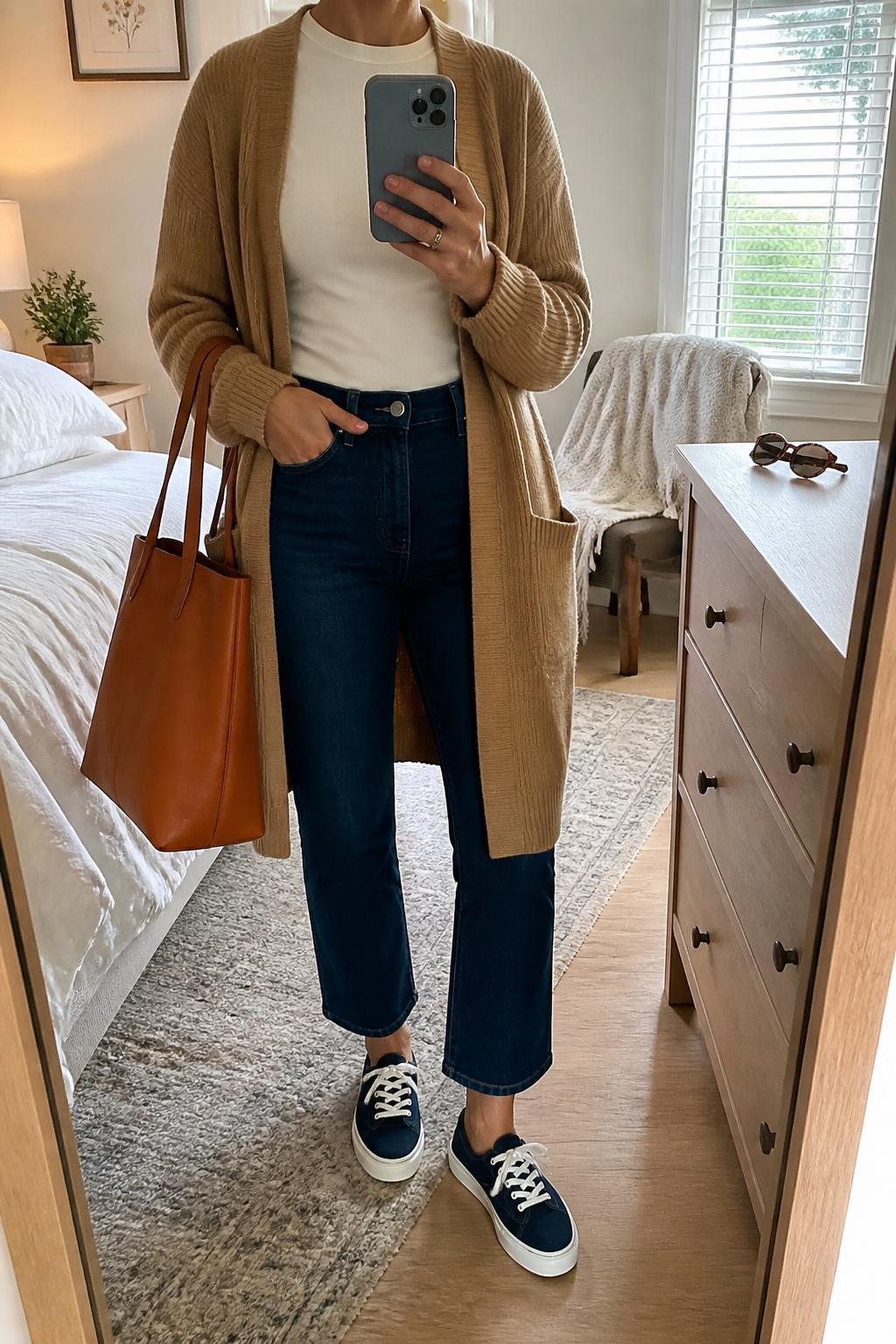 mirror selfie of a woman wearing a camel longline knit cardigan left open over a cream fitted crewneck top tucked into dark indigo cropped straight-leg jeans, navy canvas sneakers with white soles, and a cognac leather tote bag, clearly showing the exact clothing items, colors, fabrics, sneakers, and bag listed in the Outfit Pieces section, holding a phone in front of a mirror, cropped at NECK so the face does not show, relaxed casual selfie pose in a cozy bedroom mirror setup, natural window light, with a folded blanket on a chair and sunglasses placed on a dresser, realistic knit, cotton, denim, canvas, rubber, and leather textures, latest iPhone photo quality