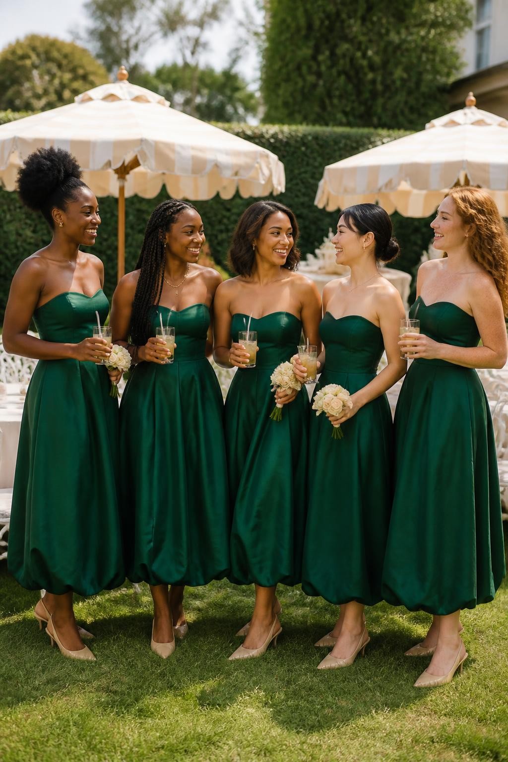 Realistic fashion-forward garden wedding image of five bridesmaids wearing emerald green midi dresses with clean strapless bodices, softly elongated waists, and rounded bubble hems ending around the lower calf, women with very deep brown, dark warm brown, medium caramel, East Asian light beige, and fair freckled skin tones, varied heights and body shapes, bright joyful faces with natural smiles, realistic skin texture and understated makeup, hairstyles including a sculpted afro puff, long braids, shoulder-length bob, polished bun, and soft curls, standing at a stylish garden reception with white bistro chairs, striped cream parasols, small ivory roses, iced drinks, and neatly trimmed hedges, clear afternoon light, elegant slingback heels visible, natural fabric folds, and slightly irregular rounded hems that look genuinely sewn rather than digitally perfect.