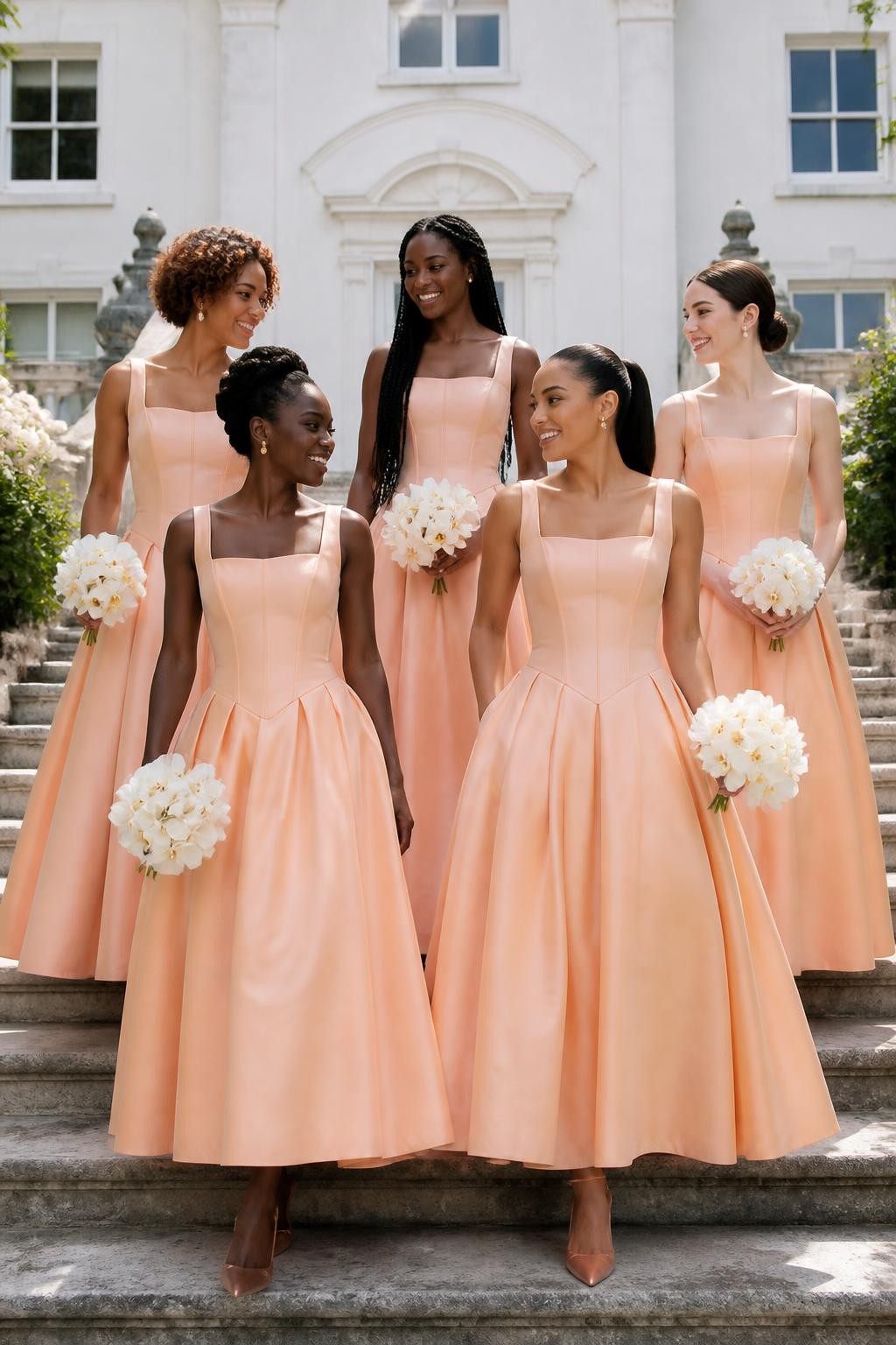 Realistic fashion-forward wedding portrait of five bridesmaids wearing soft apricot silk-faille gowns with structured corset bodices, wide square necklines, curved basque waists, and full ankle-length ballerina skirts with discreet side pockets, women with very deep brown, cool dark brown, cinnamon, golden tan, and pale neutral skin tones, different torso lengths, bust sizes, heights, and body proportions shown naturally, bright joyful faces with individual features, visible skin texture and small flyaway hairs, hairstyles including a sculpted natural updo, waist-length braids, glossy ponytail, short curly bob, and smooth chignon, photographed on broad limestone steps outside a white country manor, holding compact ivory orchid bouquets, clear morning light revealing precise corset seams, realistic fabric stiffness, deep natural skirt folds, and elegant slingback shoes visible beneath the hems.