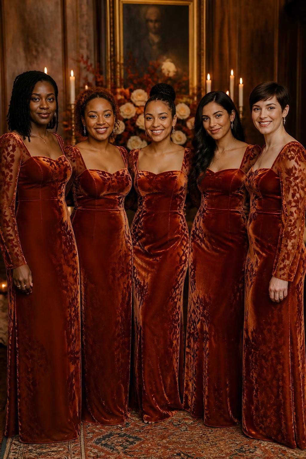 Realistic cool-season wedding portrait of five bridesmaids wearing deep burnt orange velvet burnout gowns with semi-sheer botanical patterns woven through the sleeves and upper skirts, wide square necklines, fitted waists, and soft column silhouettes, women with very deep brown, warm mahogany, medium golden, olive, and pale rosy skin tones, bright elegant faces with natural skin texture and softly defined makeup, hairstyles including shoulder-length locs, sculpted curls, low braided bun, glossy waves, and short pixie cut, standing inside a historic reception hall with dark wood walls, ivory taper candles, cream roses, antique brass, and autumn foliage, warm side lighting revealing the raised velvet leaves and transparent sections, natural creases at the elbows and waist, sophisticated DSLR photography.