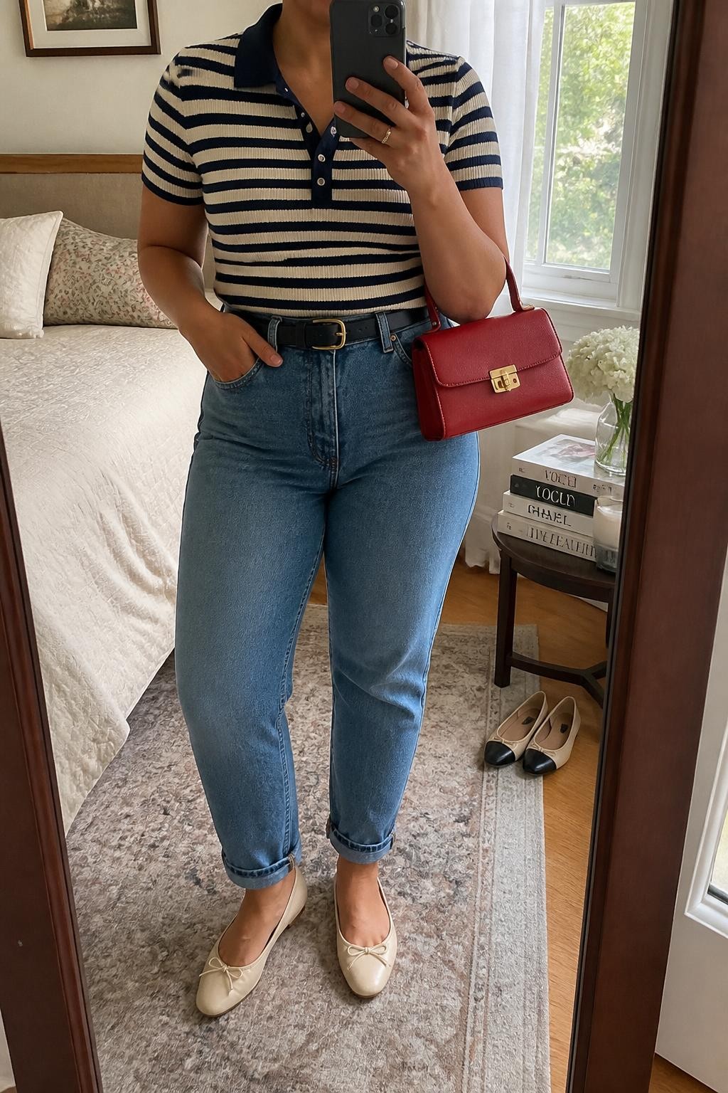 Mirror selfie of a plus size woman wearing medium-wash high-rise mom jeans, a fitted navy and cream striped knit polo shirt, a navy leather belt, a structured red mini bag, and cream ballet flats, clearly showing the same clothing items, stripe pattern, colors, fabrics, and accessories listed, holding a phone in front of a mirror, cropped at the neck so the face does not appear, relaxed casual selfie pose, in a cozy bedroom mirror setup with natural window light, a stack of fashion magazines on a side table and a pair of flats on the floor nearby, realistic unstaged atmosphere, latest iPhone photo quality.